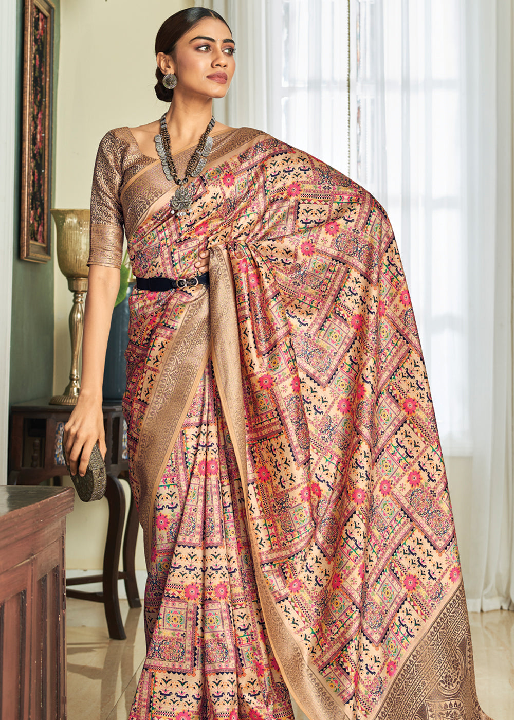 Barley Pink and Cream Woven Banarasi Satin Silk Saree