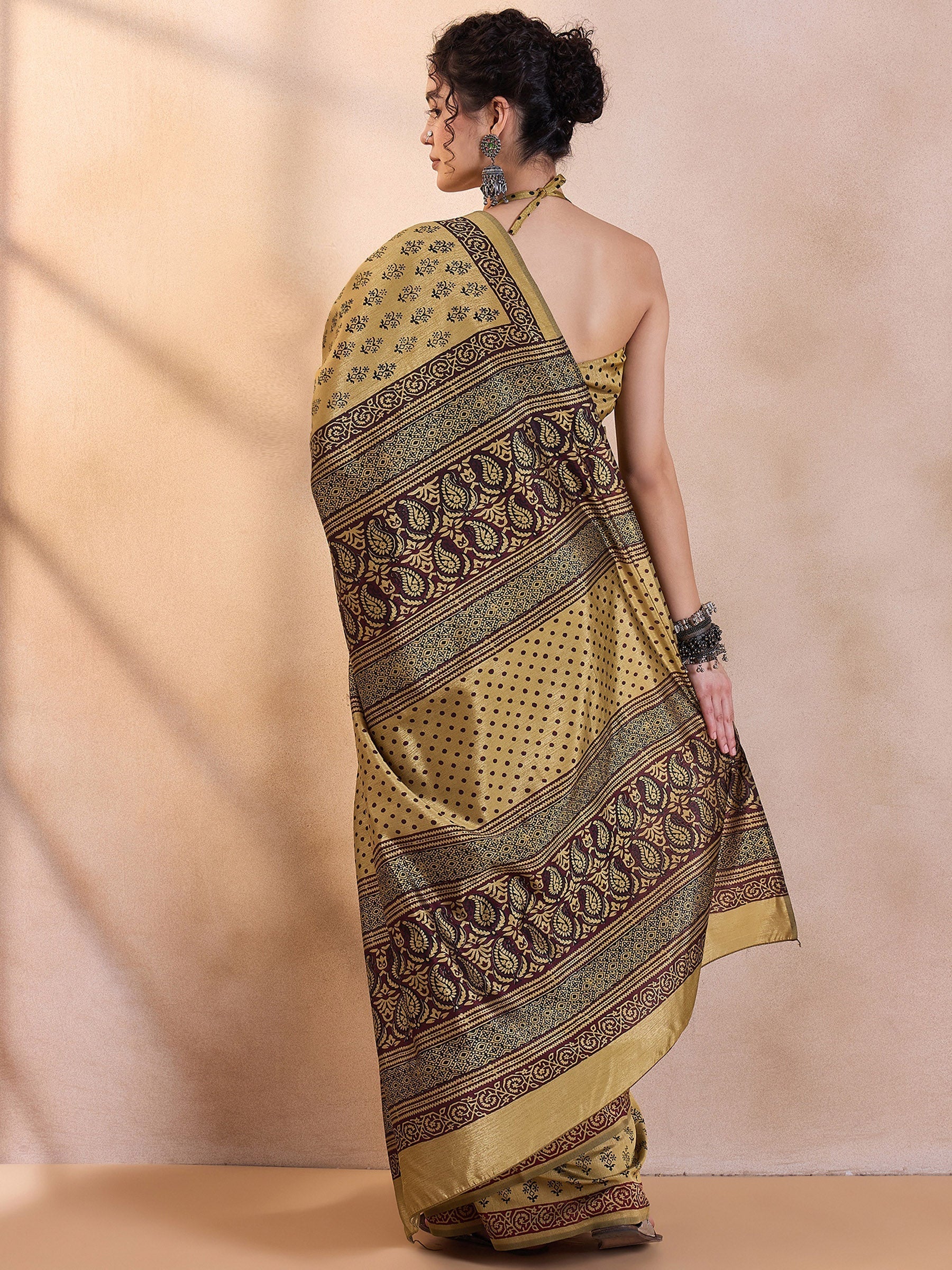 Muesli Yellow Printed Dola Silk Saree