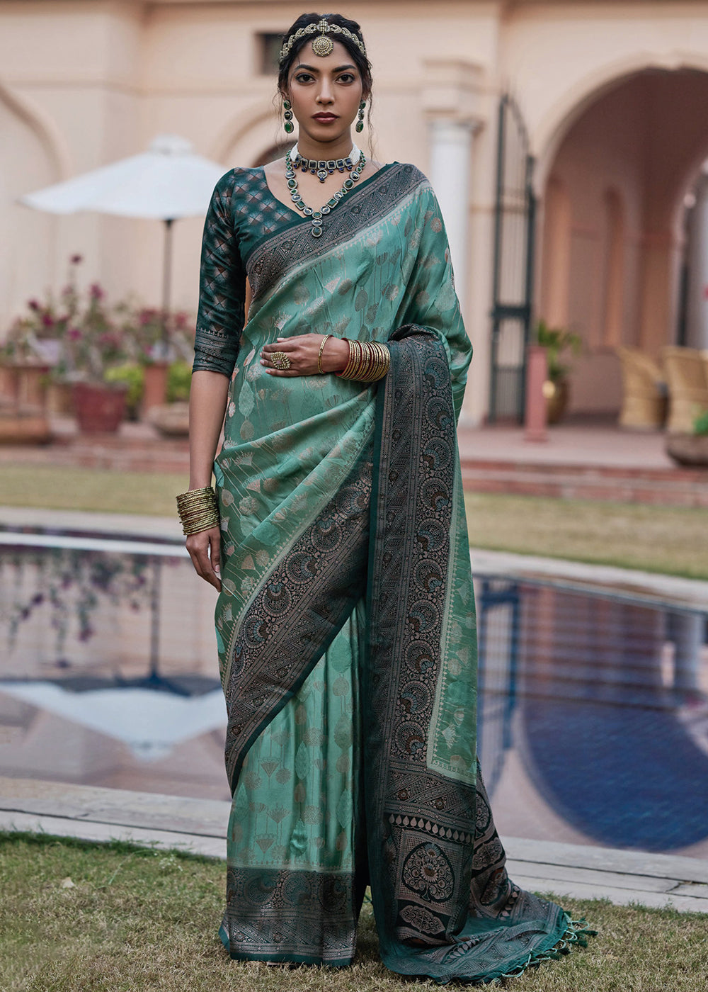 Stromboli Green Designer Satin Silk Saree