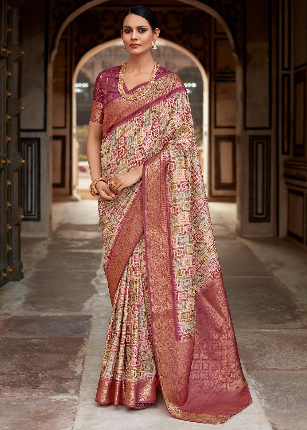 El Salva Brown Banarasi Digital Printed Silk Saree