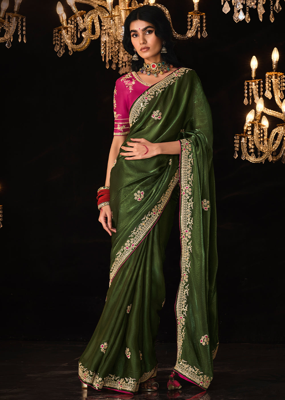 Verdigris Green Embroidered Designer Satin Silk Saree