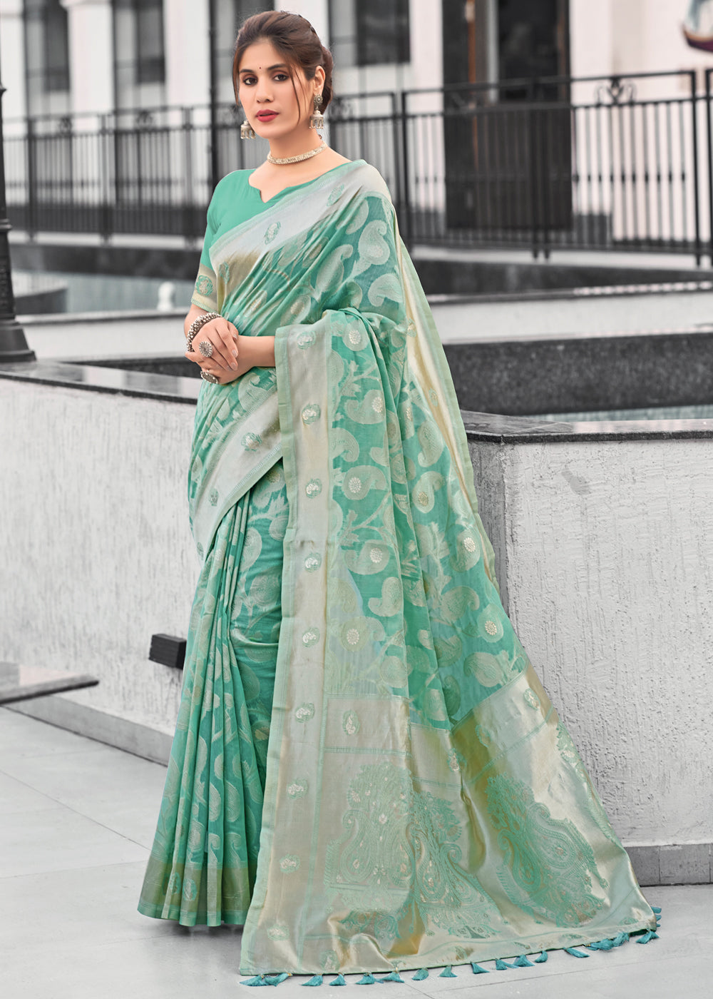 Pastel Green Lucknowi Linen Cotton Saree