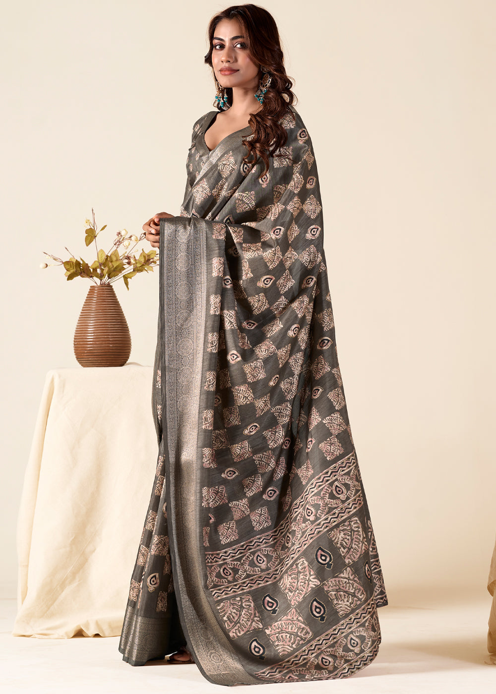 Taupe Grey Banarasi Printed Soft Silk Saree