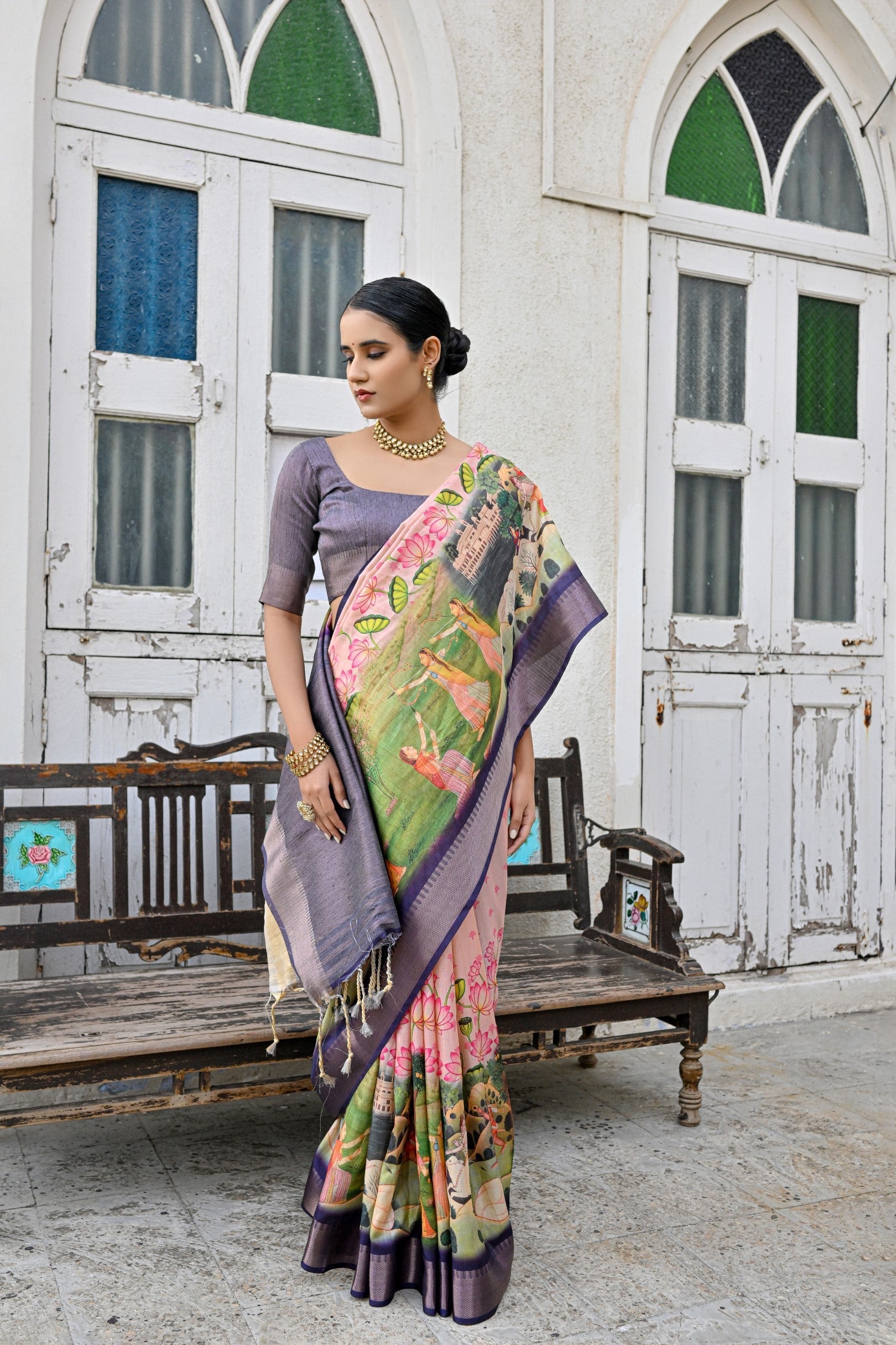 Oriental Pink and Purple Tussar Printed Silk Saree