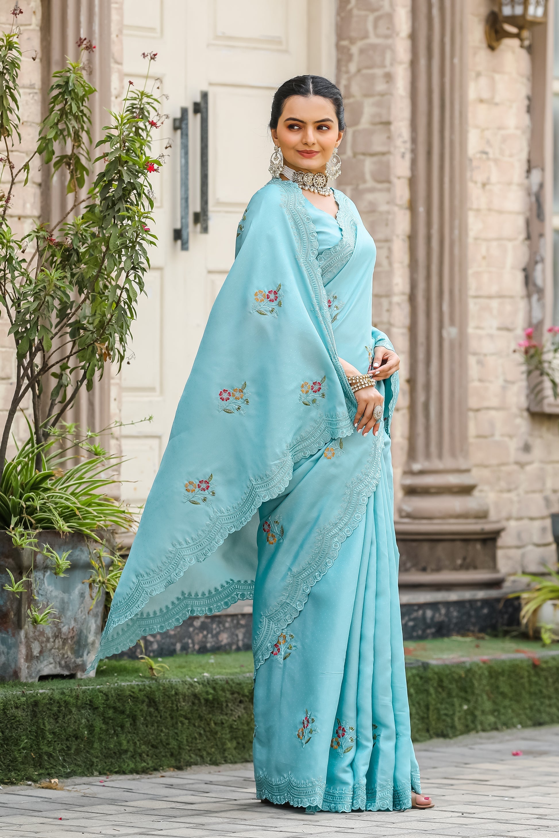 River Blue Embroidery Tussar Cotton Saree