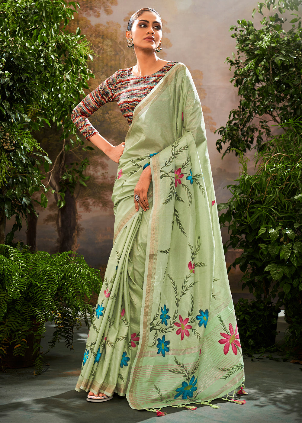 Tea Green Painted Linen Silk Saree