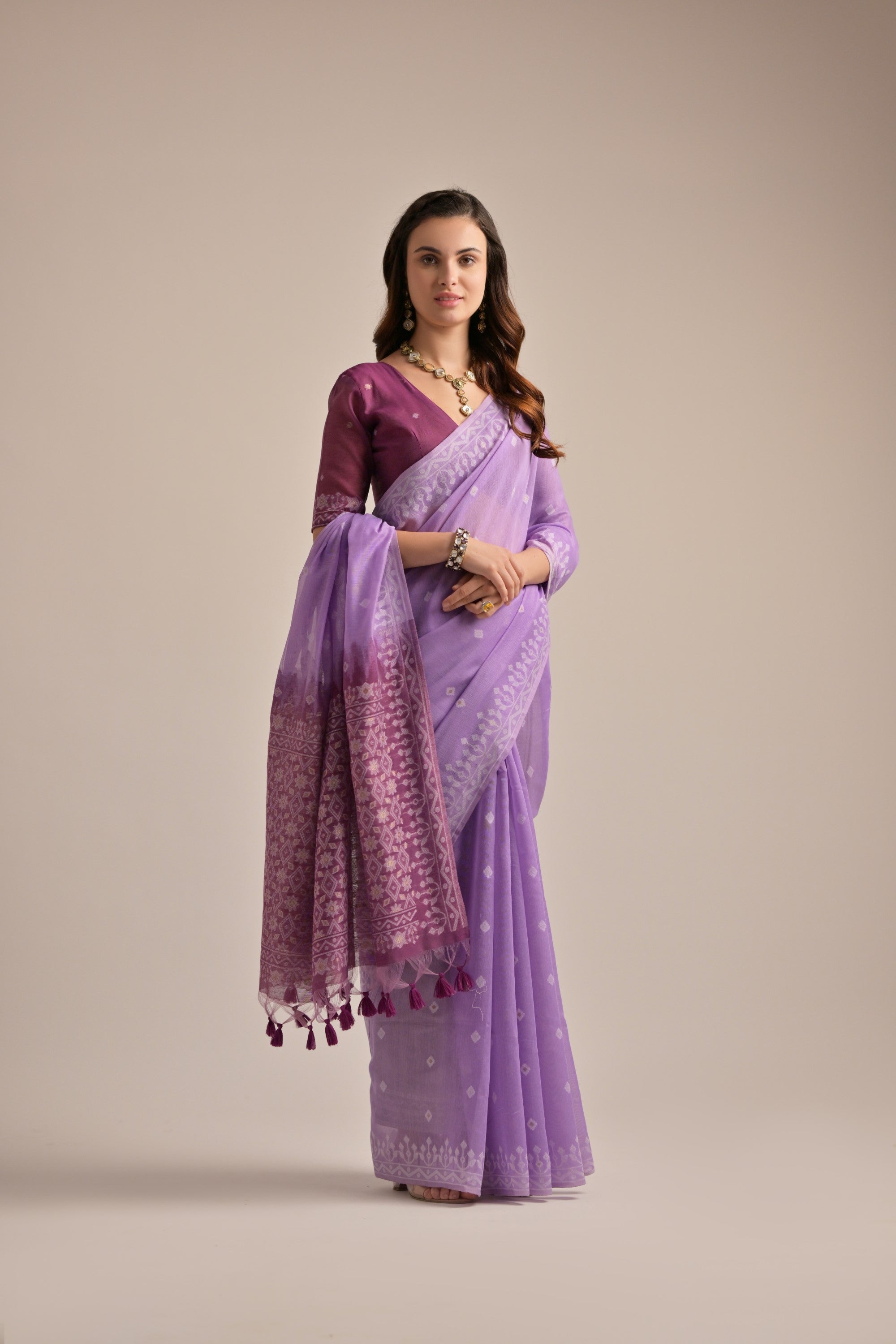 Trendy Purple Lucknowi Woven Muga Cotton Saree