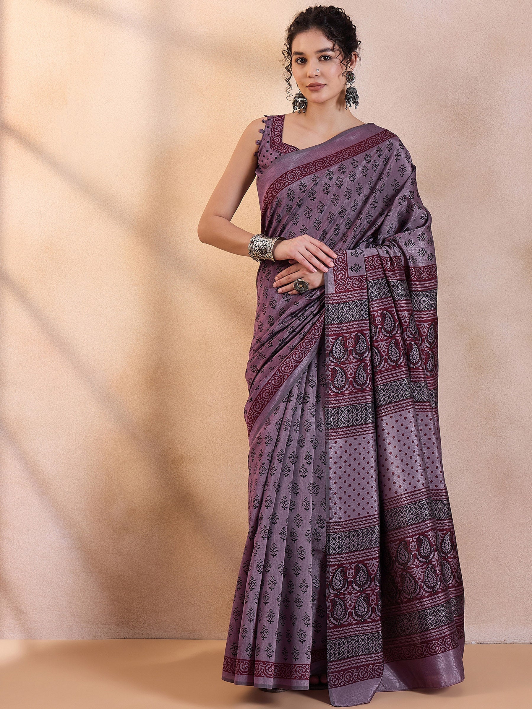 Eggplant Purple Printed Dola Silk Saree