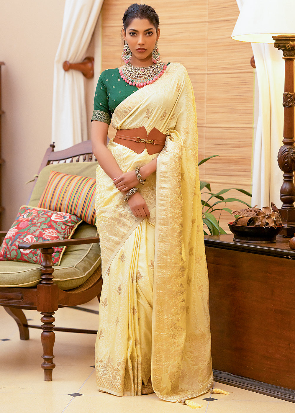 Half Colonial Yellow Woven Satin Silk Saree