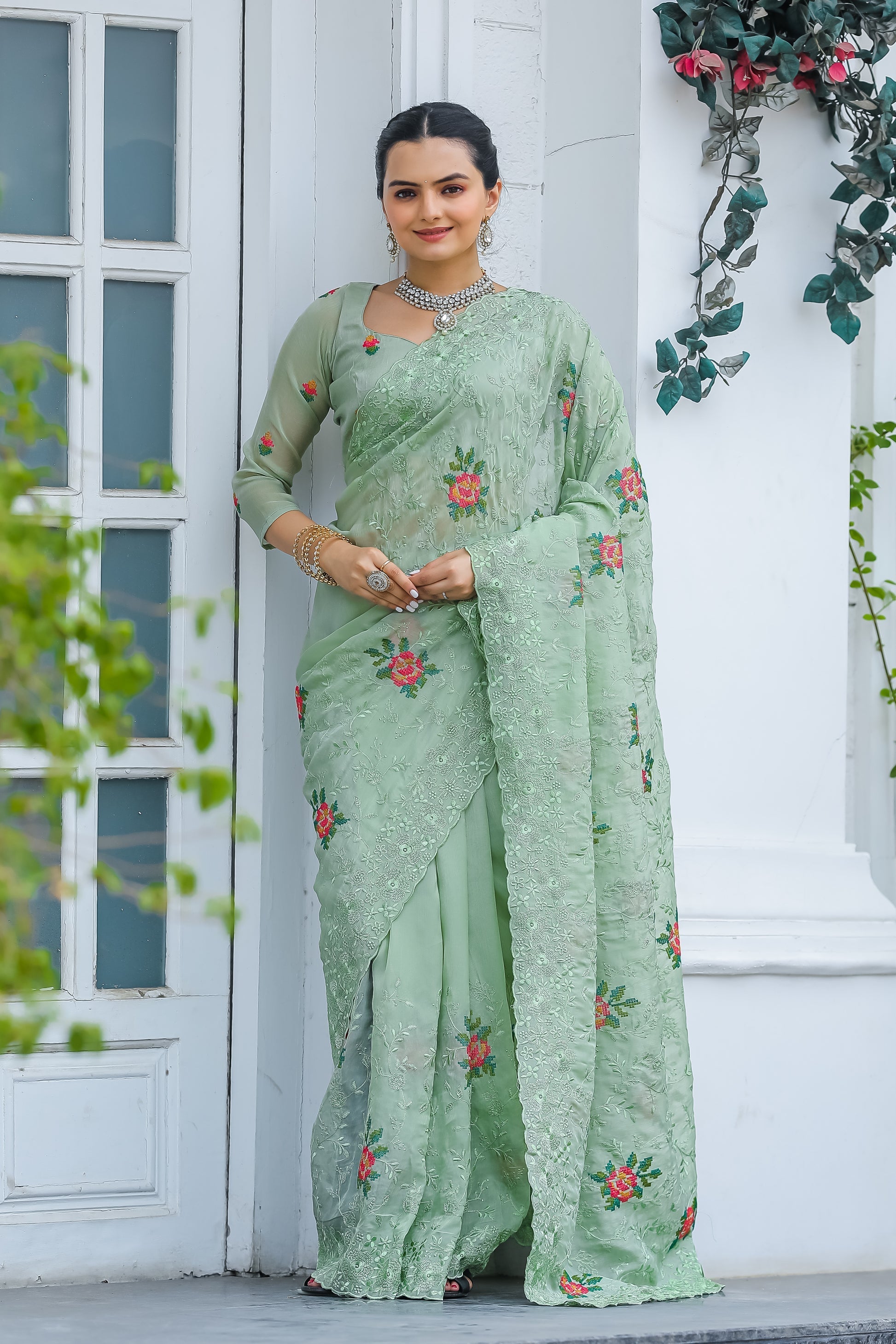 Pastel Green Embroidered Chiffon Silk Saree