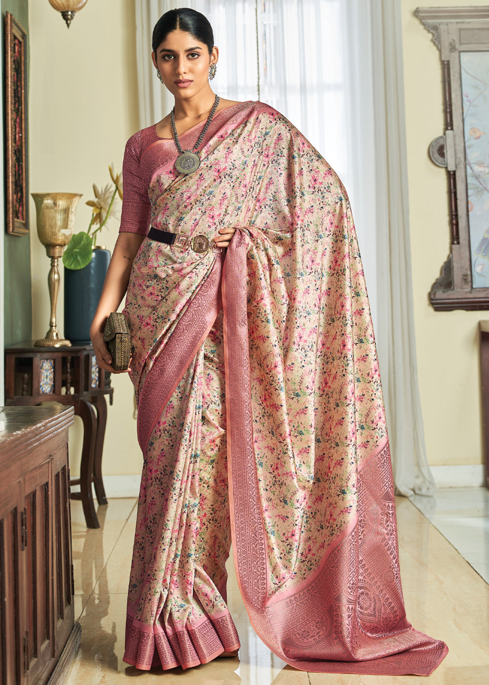 Tonys Pink Woven Banarasi Satin Silk Saree