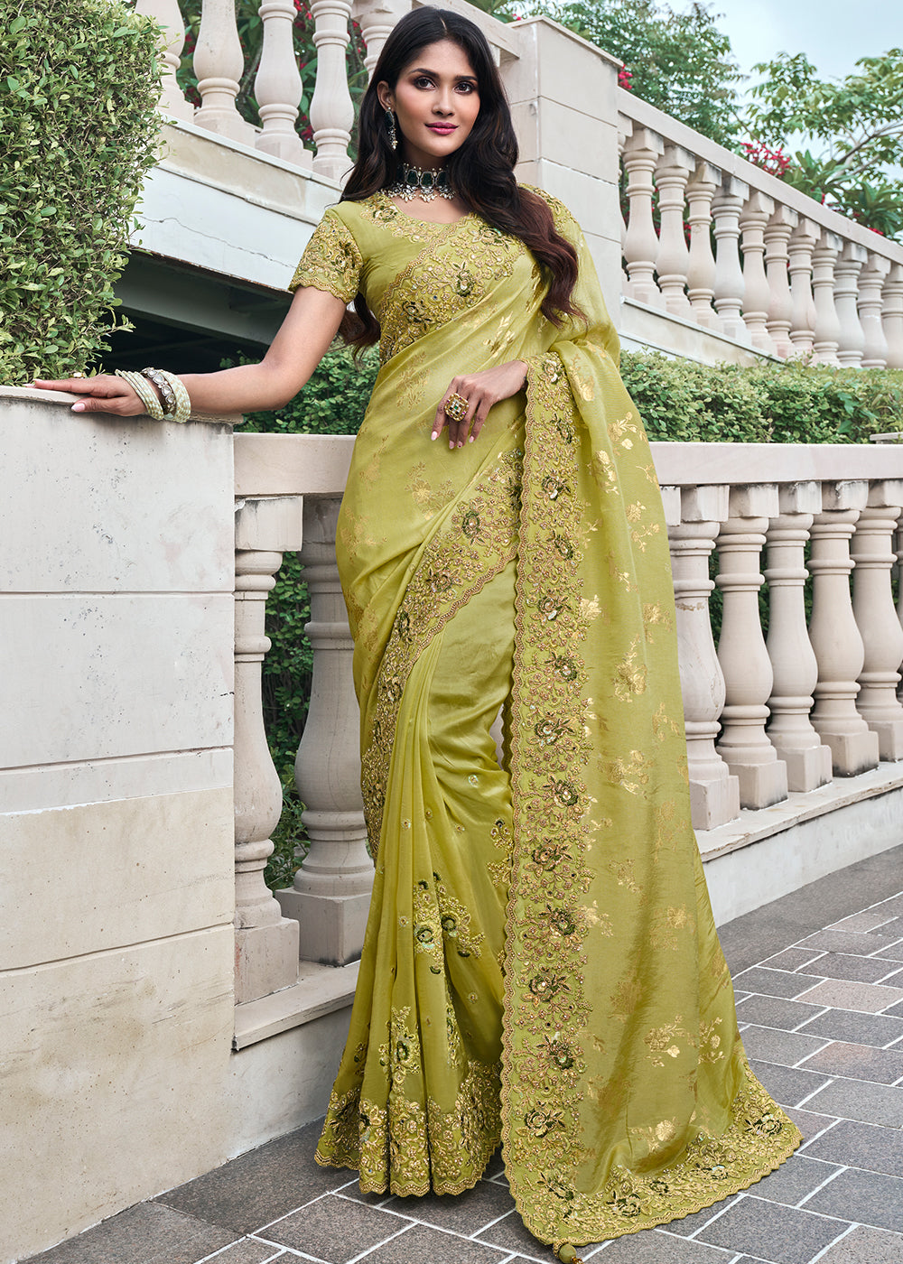 Pistacho Green Embroidered Designer Silk Saree