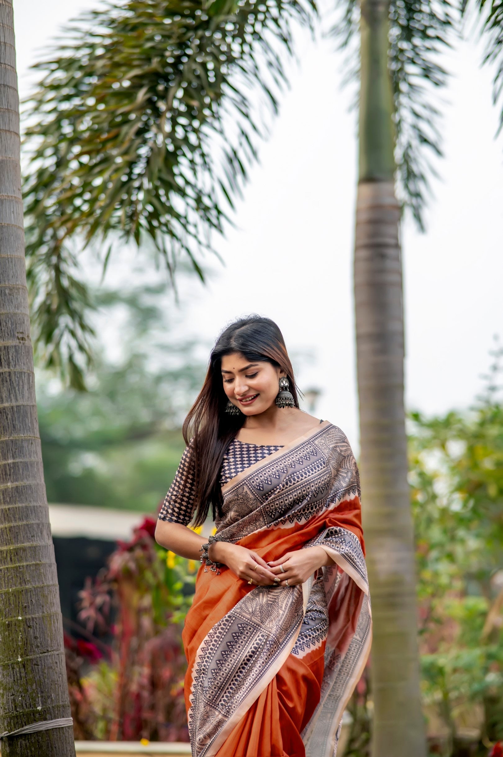 Rust Orange Madhubani Printed Silk Saree