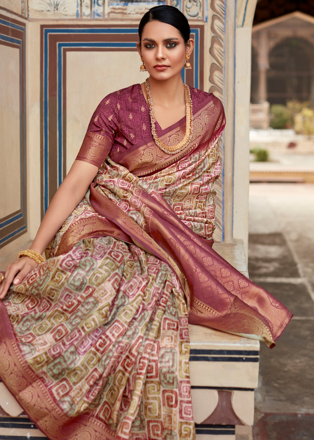 El Salva Brown Banarasi Digital Printed Silk Saree