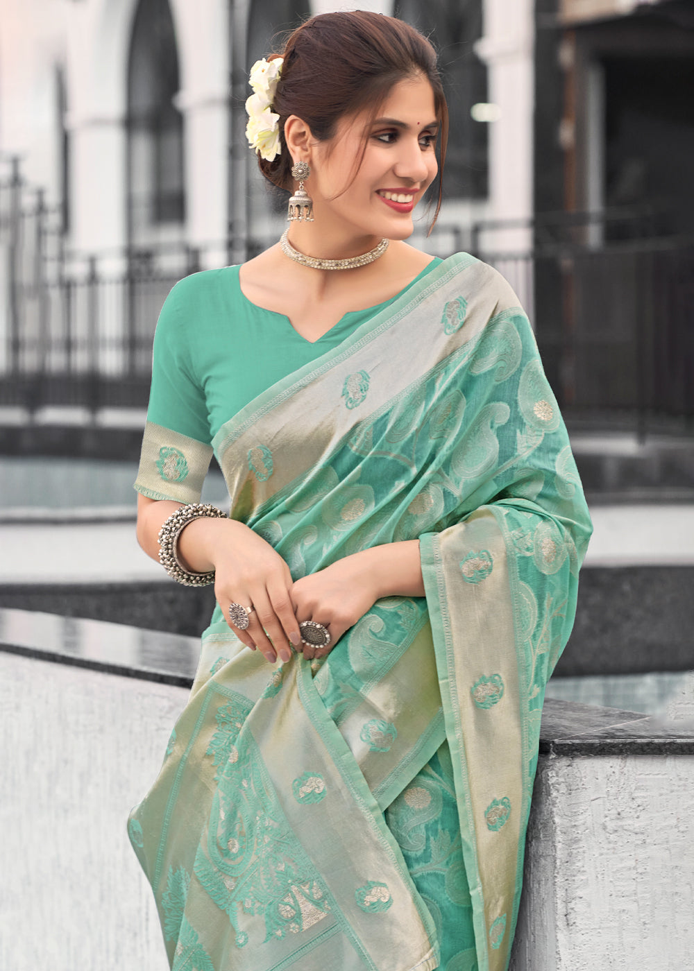 Pastel Green Lucknowi Linen Cotton Saree