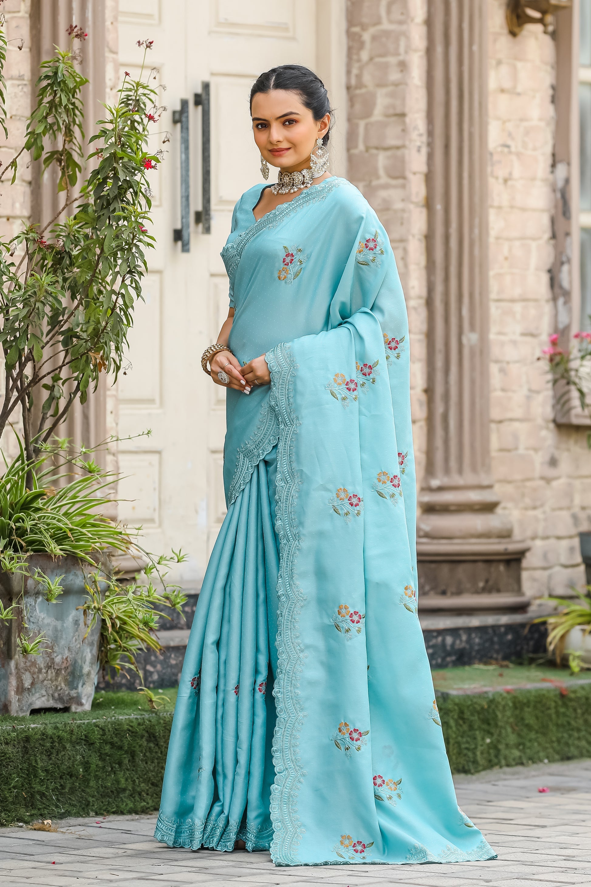 River Blue Embroidery Tussar Cotton Saree