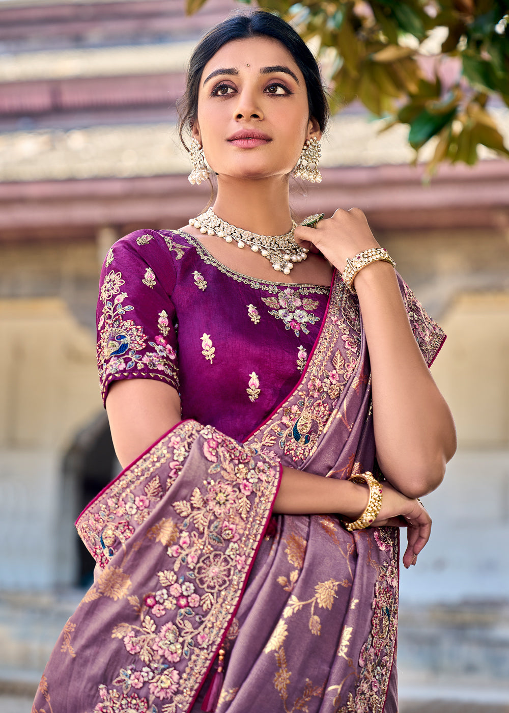 Lilac Purple Woven Designer Banarasi Embroidered Silk Saree