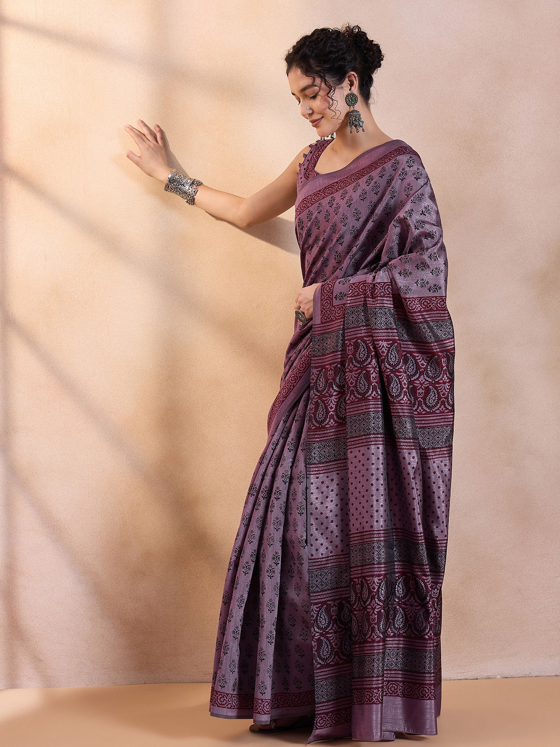 Eggplant Purple Printed Dola Silk Saree