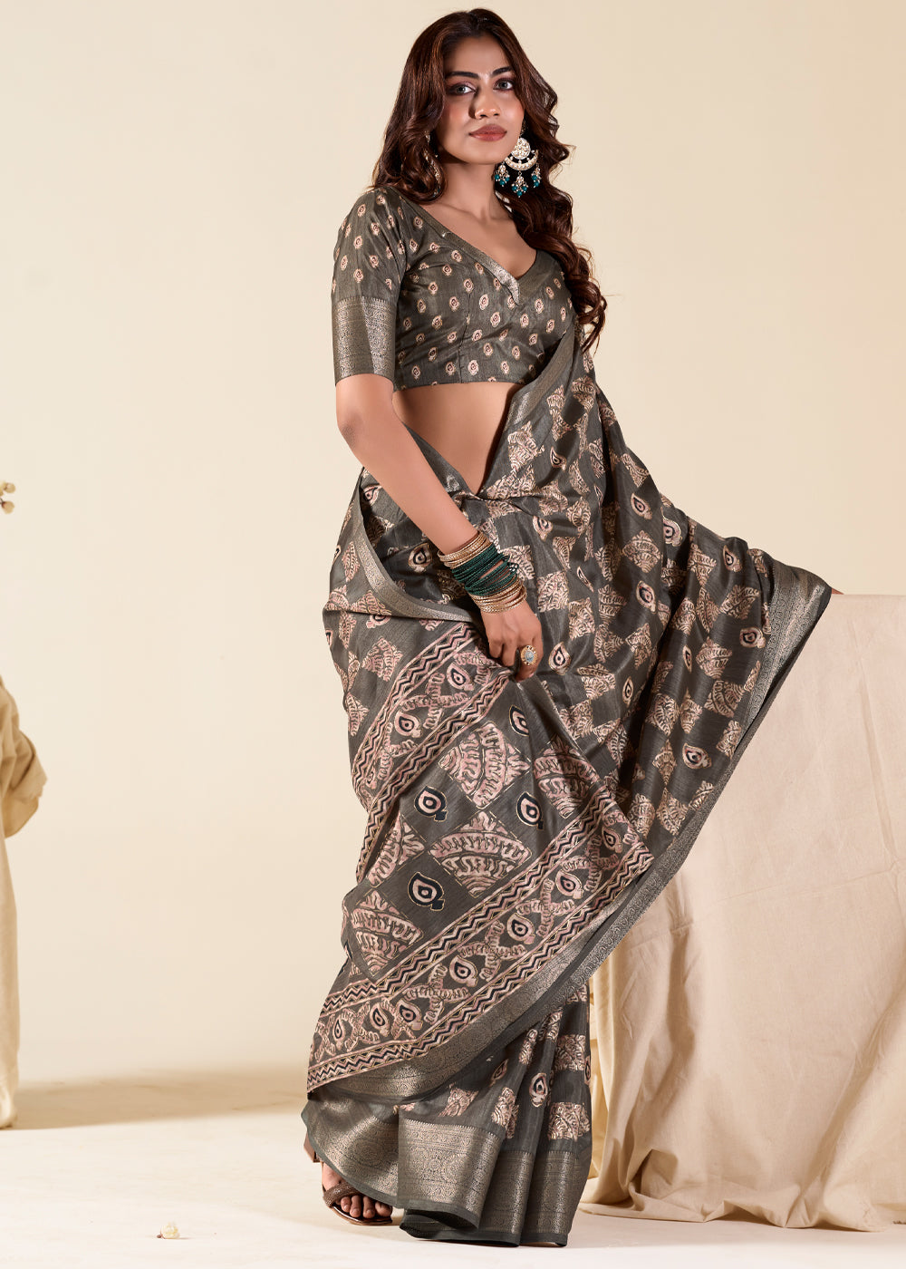 Taupe Grey Banarasi Printed Soft Silk Saree