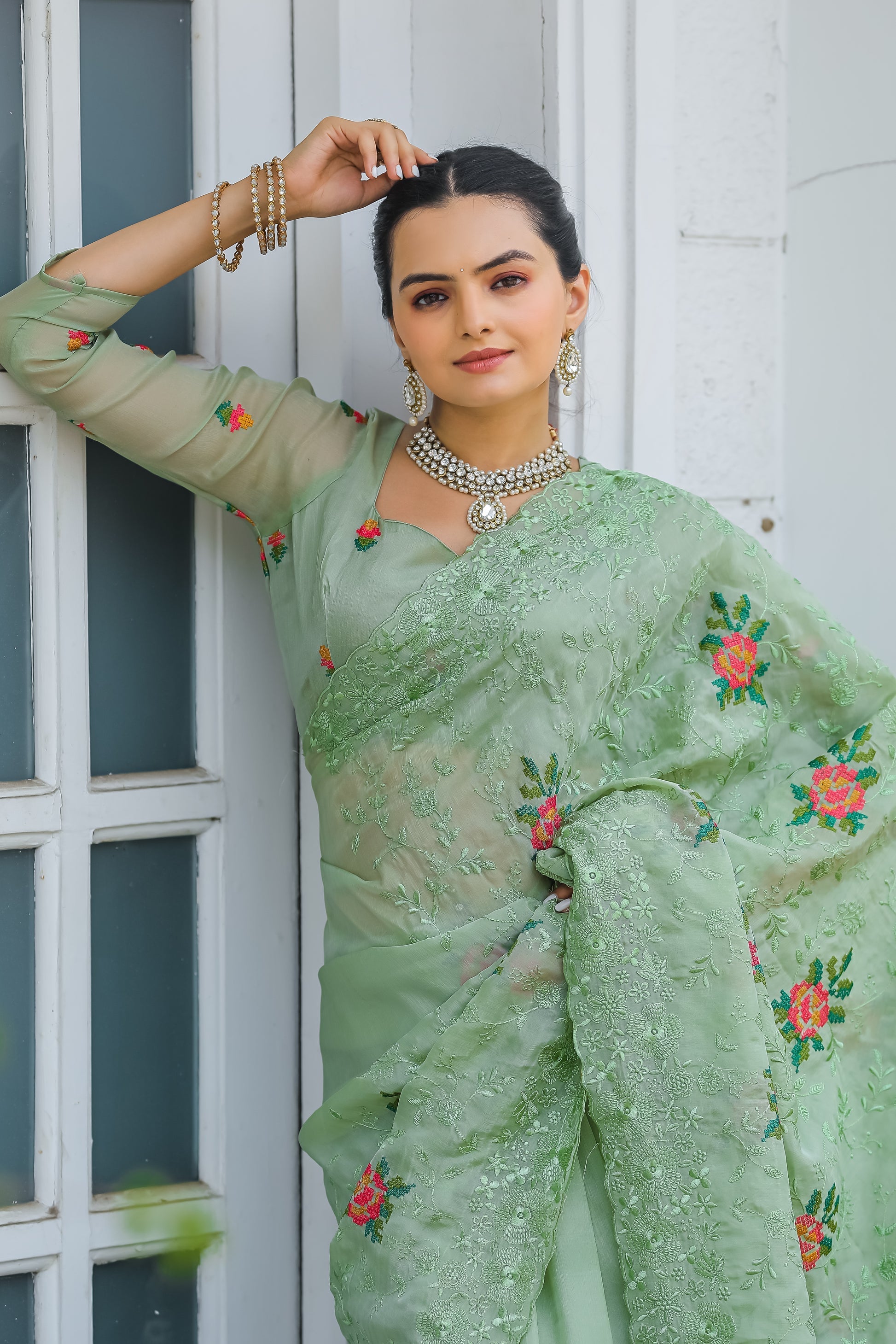 Pastel Green Embroidered Chiffon Silk Saree