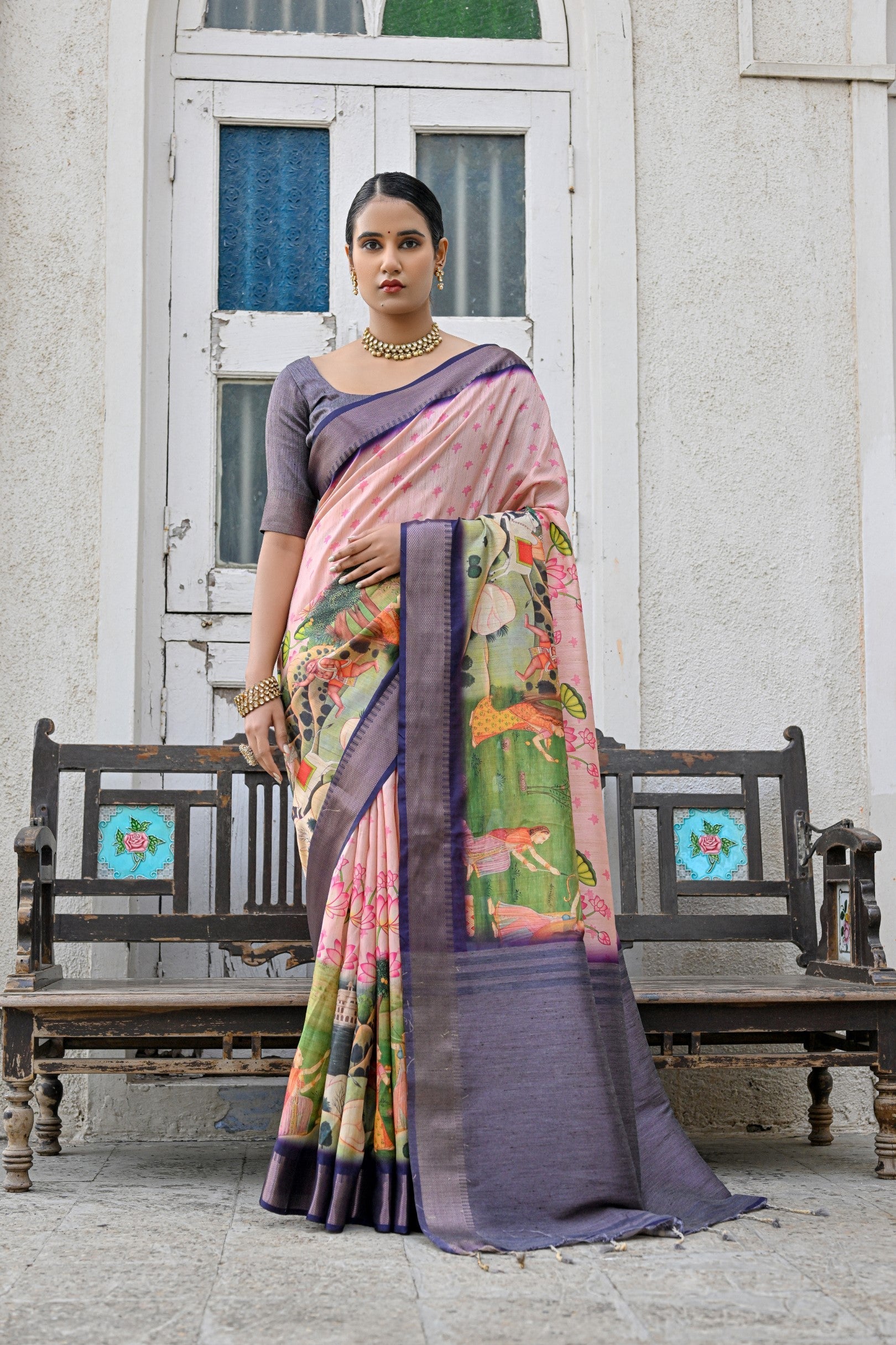 Oriental Pink and Purple Tussar Printed Silk Saree