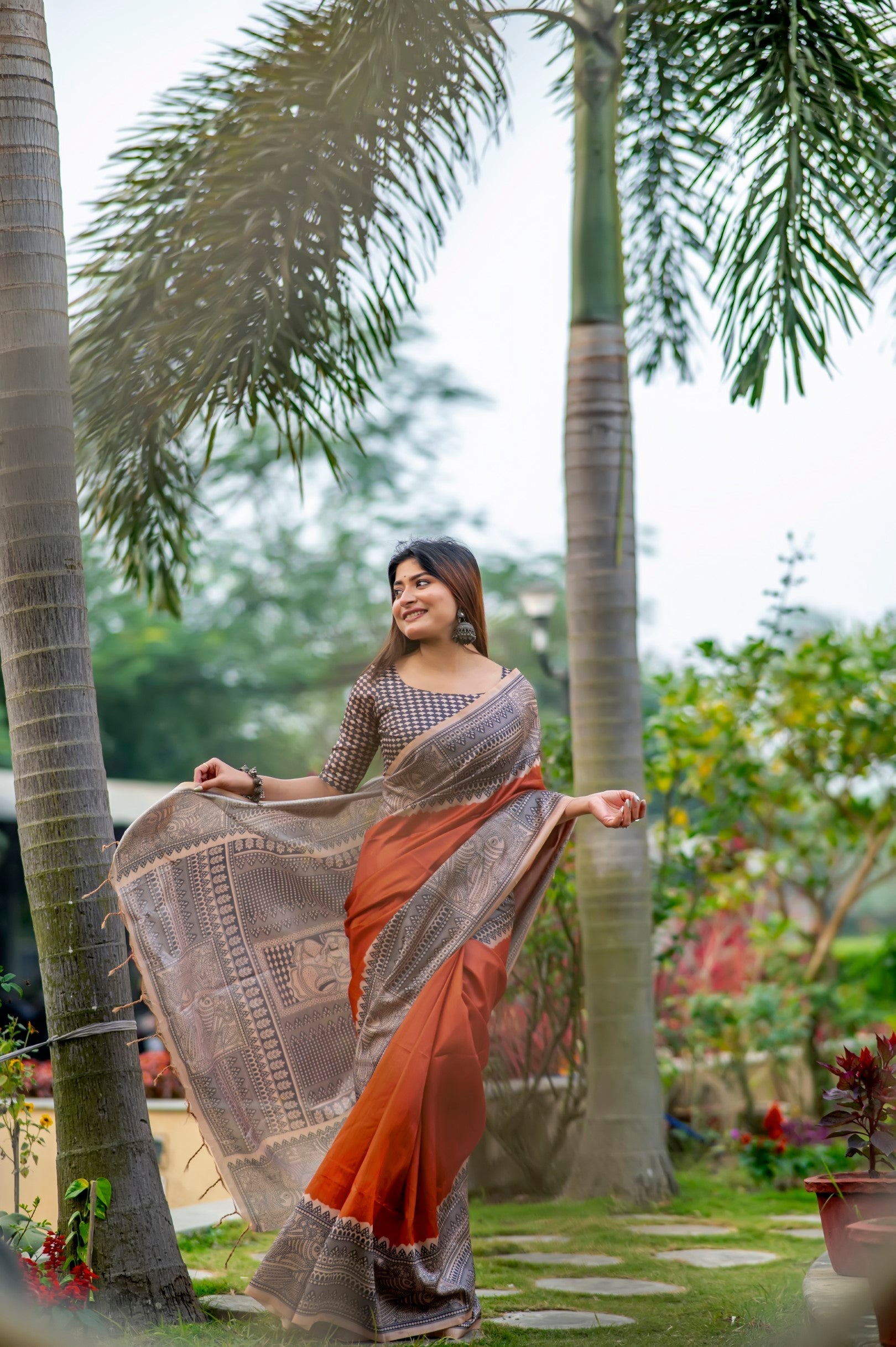 Rust Orange Madhubani Printed Silk Saree