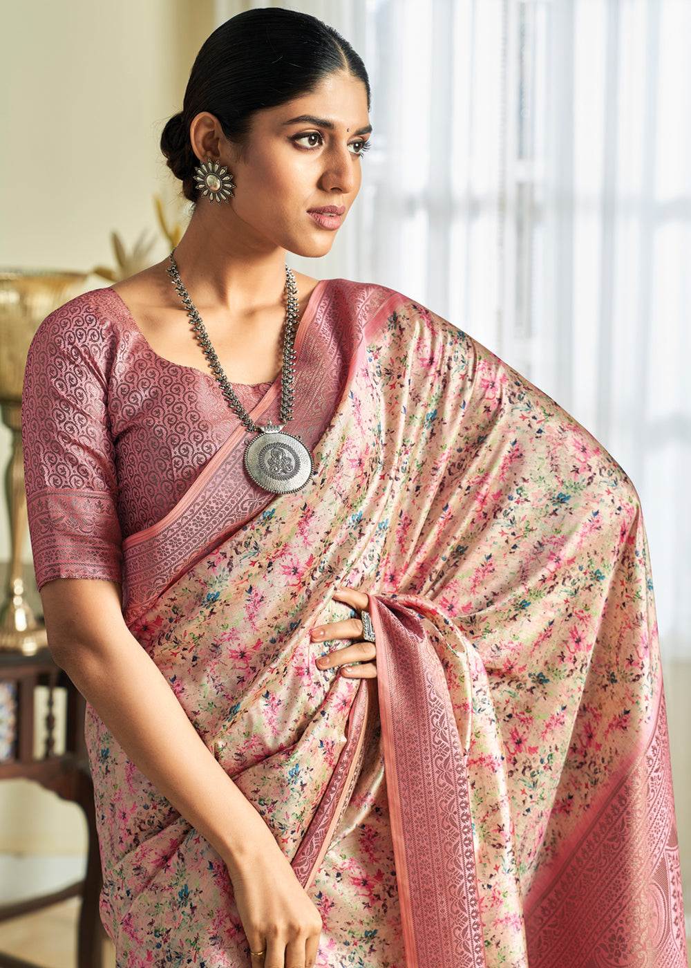 Tonys Pink Woven Banarasi Satin Silk Saree