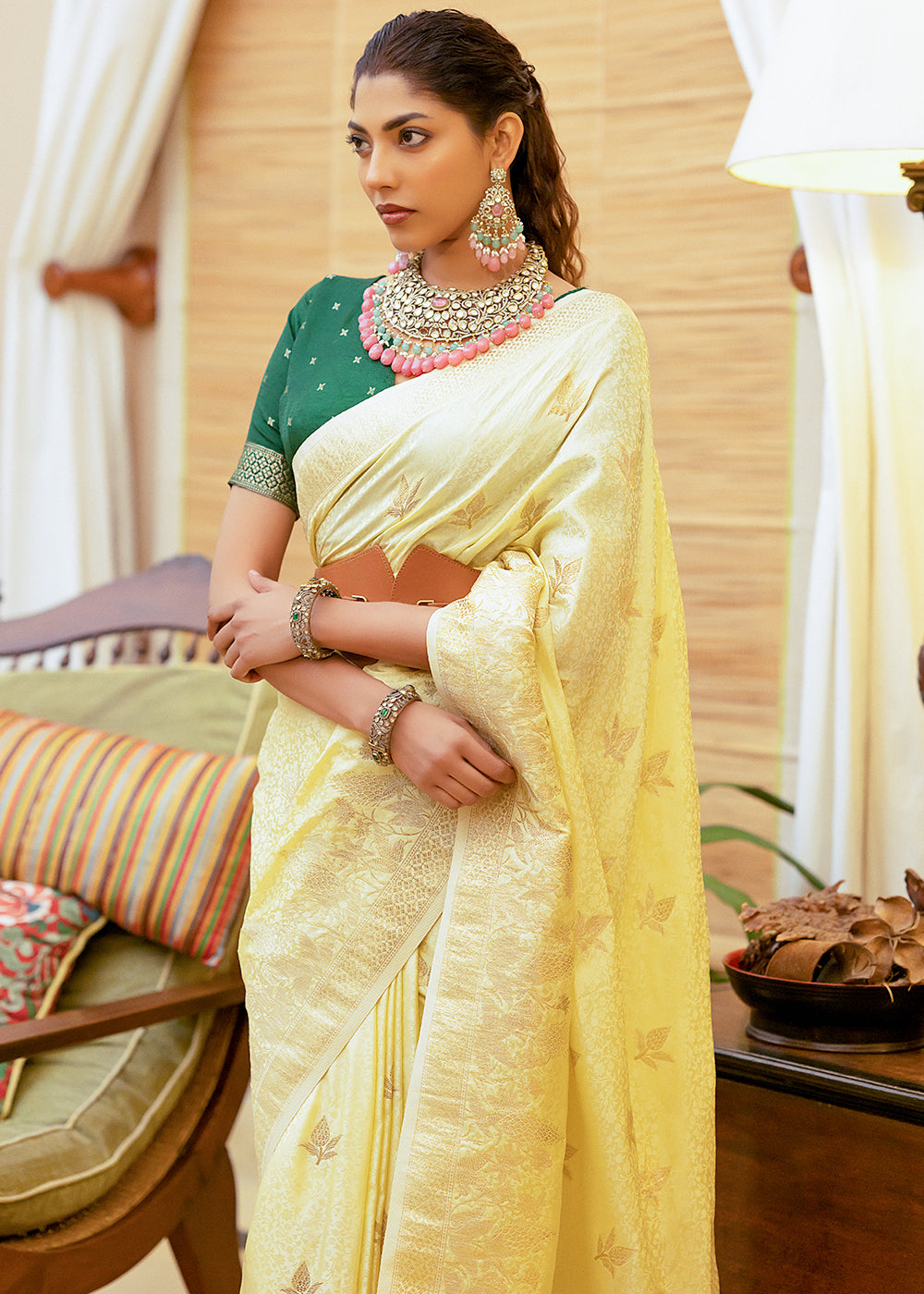 Half Colonial Yellow Woven Satin Silk Saree