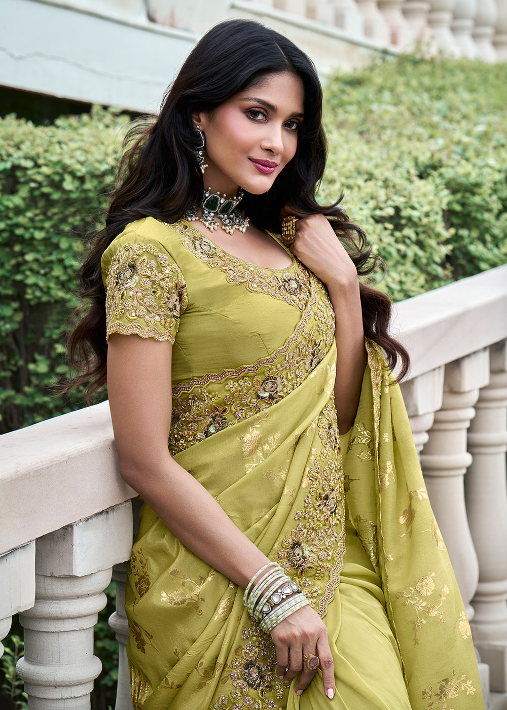 Pistacho Green Embroidered Designer Silk Saree