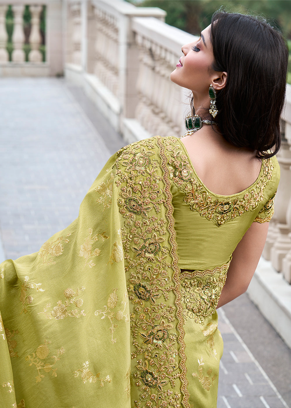 Pistacho Green Embroidered Designer Silk Saree