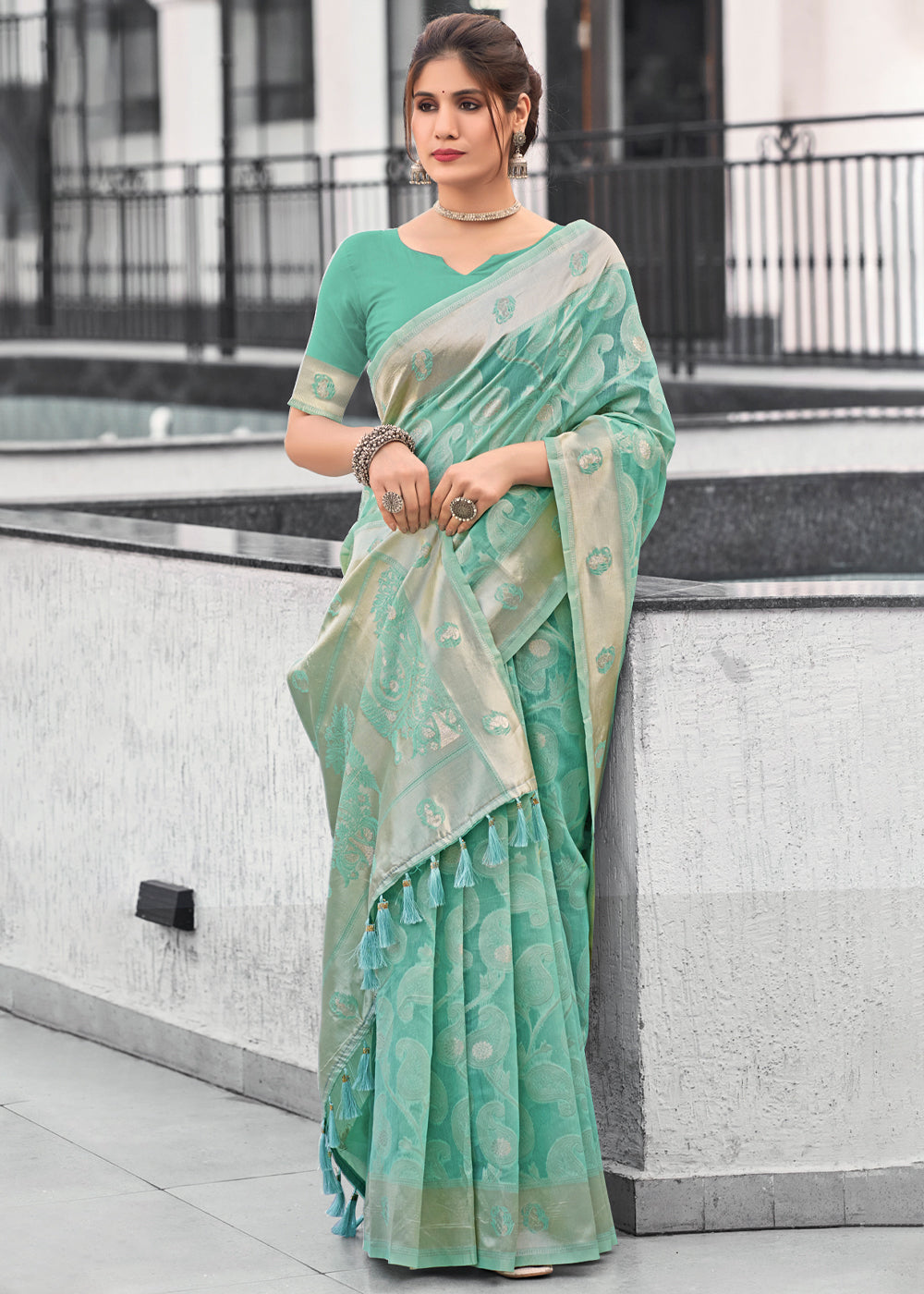 Pastel Green Lucknowi Linen Cotton Saree