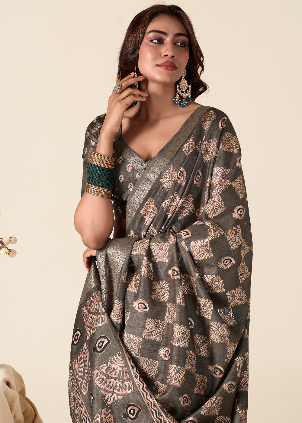 Taupe Grey Banarasi Printed Soft Silk Saree