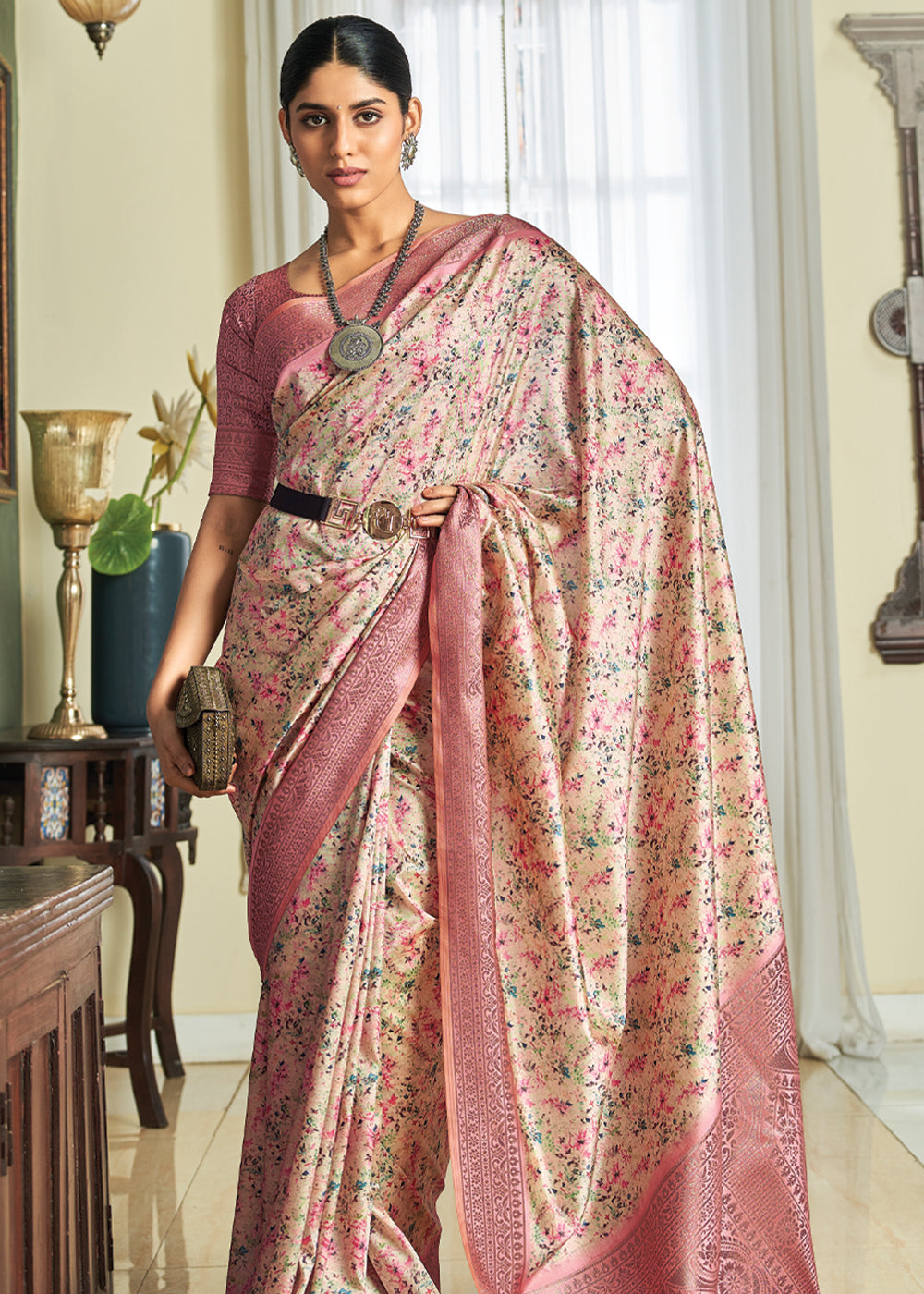 Tonys Pink Woven Banarasi Satin Silk Saree