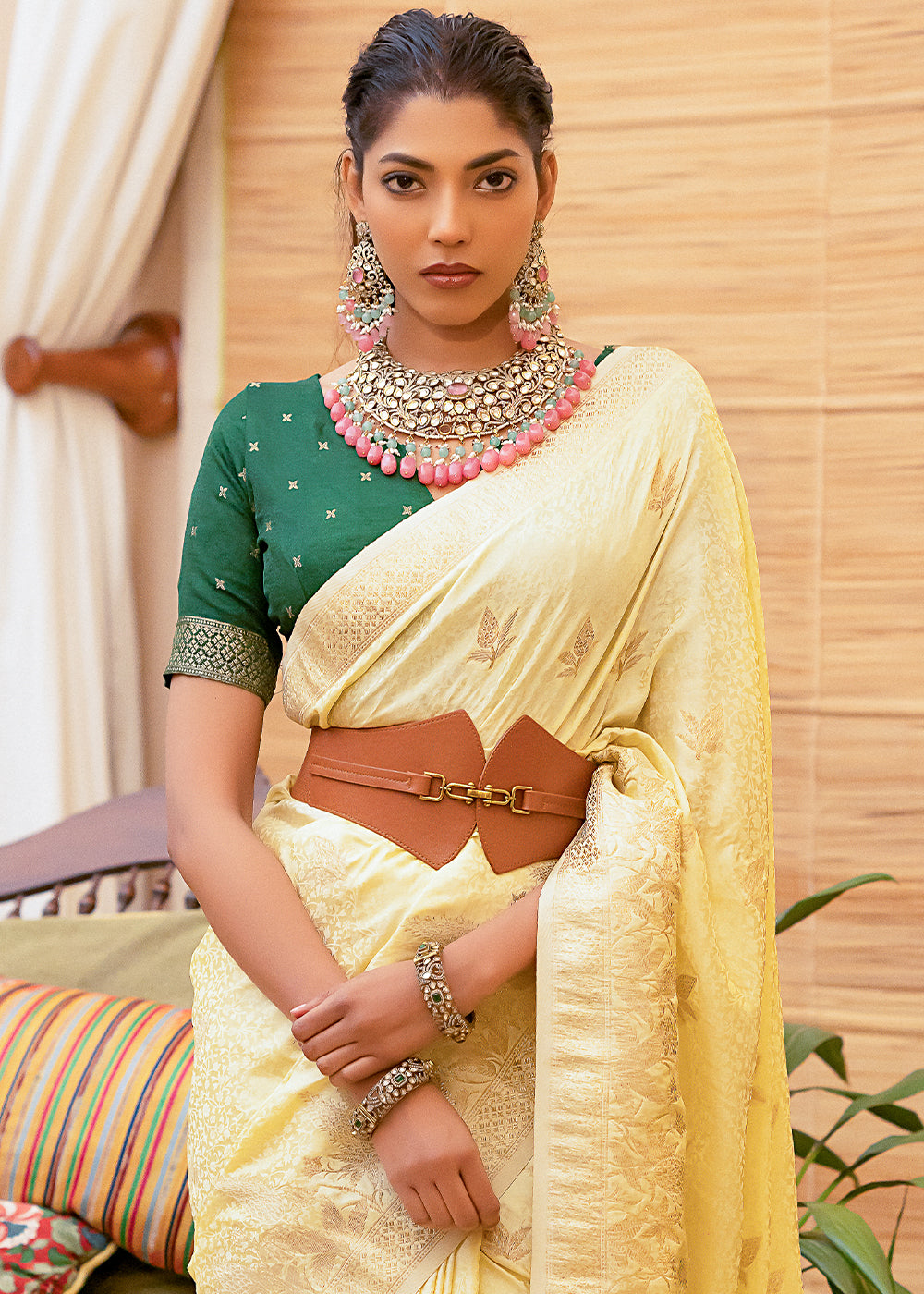 Half Colonial Yellow Woven Satin Silk Saree