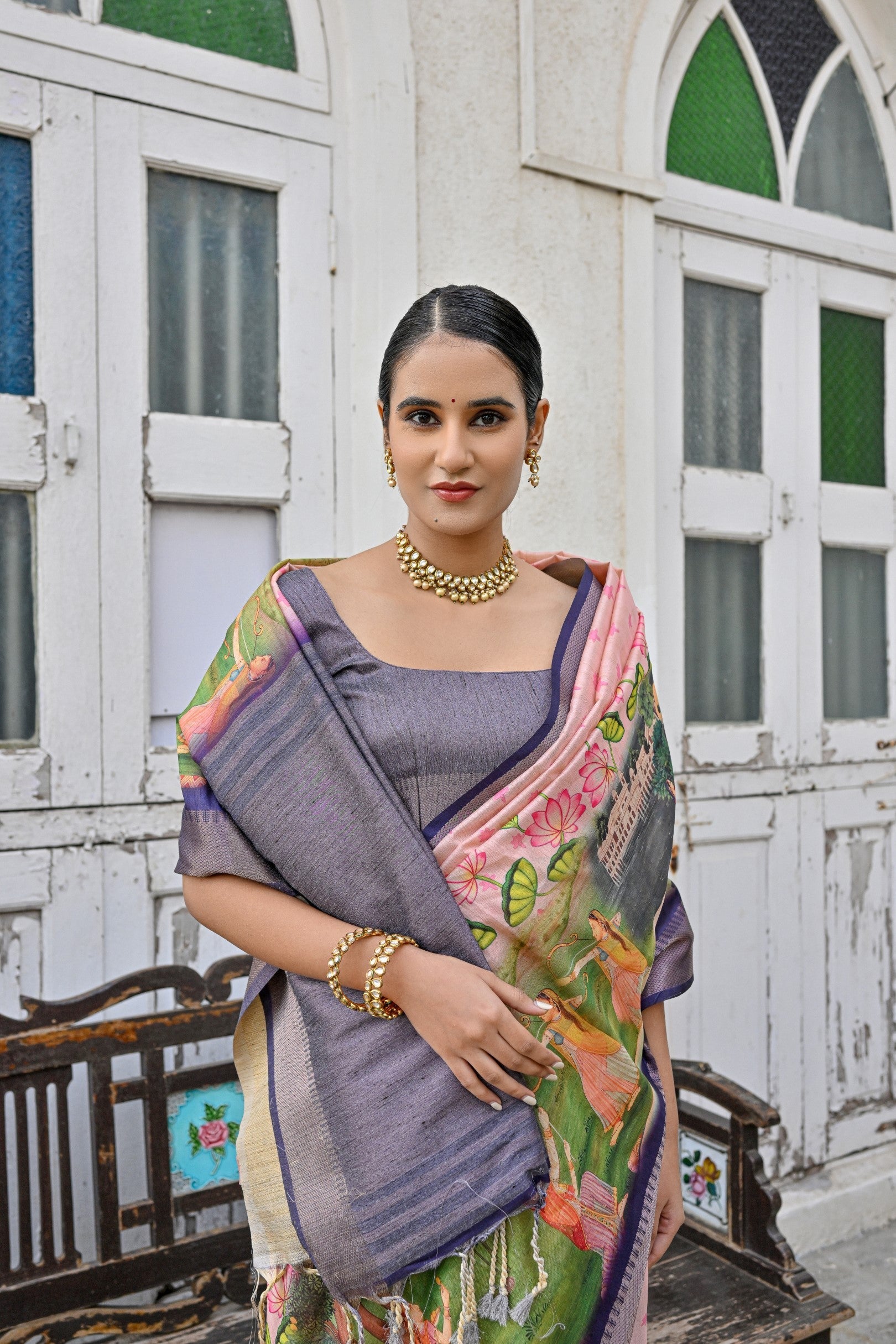 Oriental Pink and Purple Tussar Printed Silk Saree