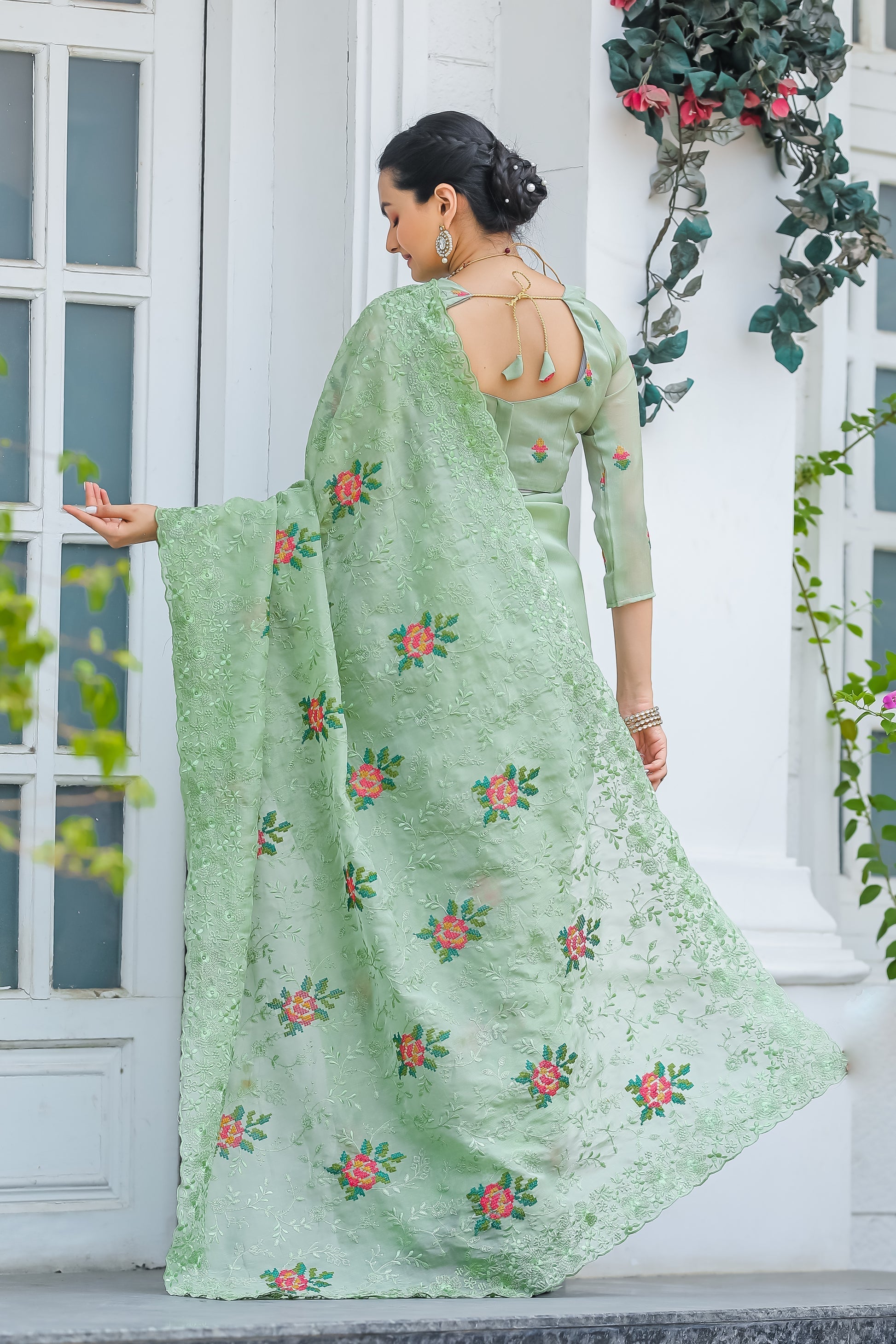 Pastel Green Embroidered Chiffon Silk Saree