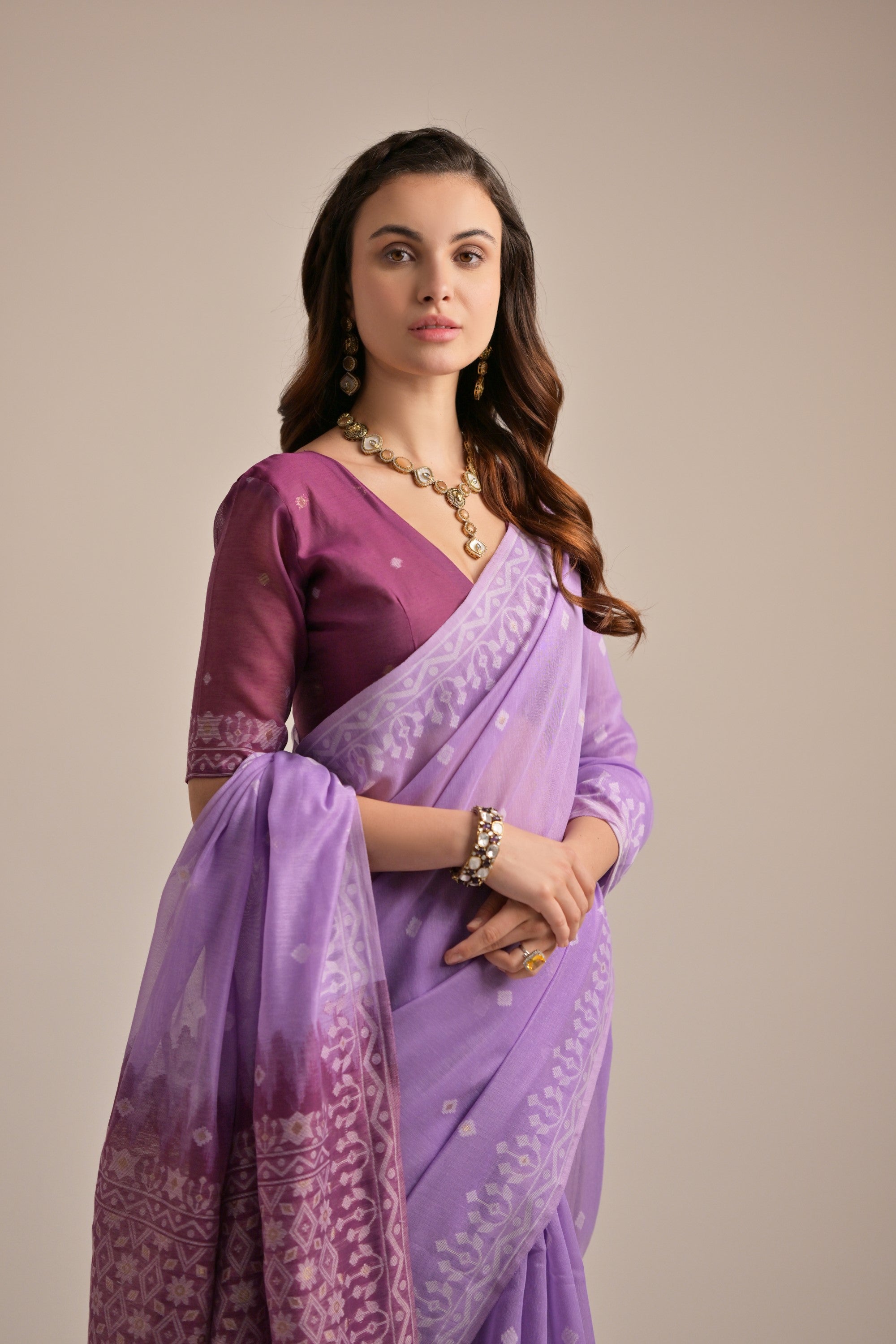 Trendy Purple Lucknowi Woven Muga Cotton Saree