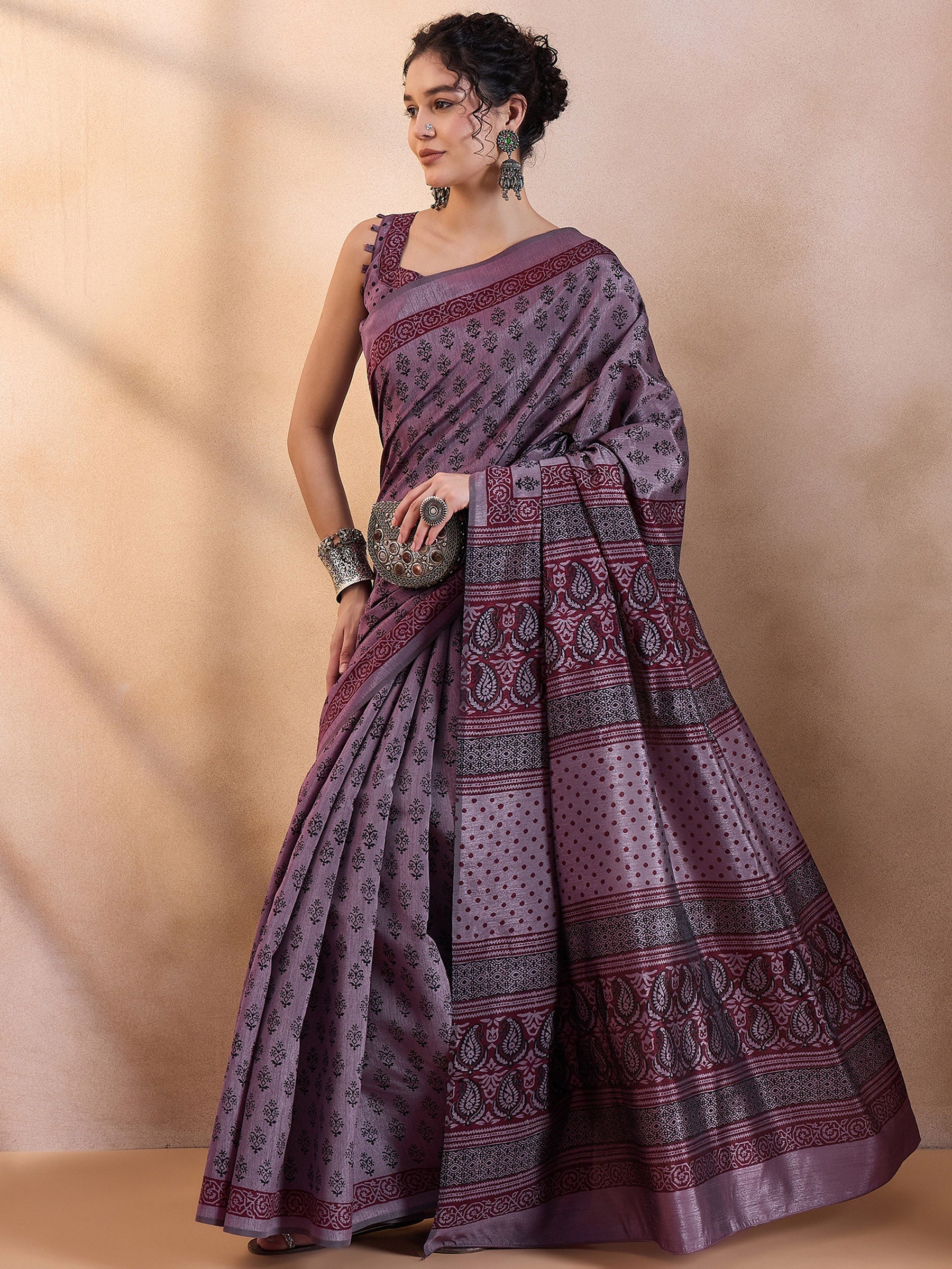 Eggplant Purple Printed Dola Silk Saree