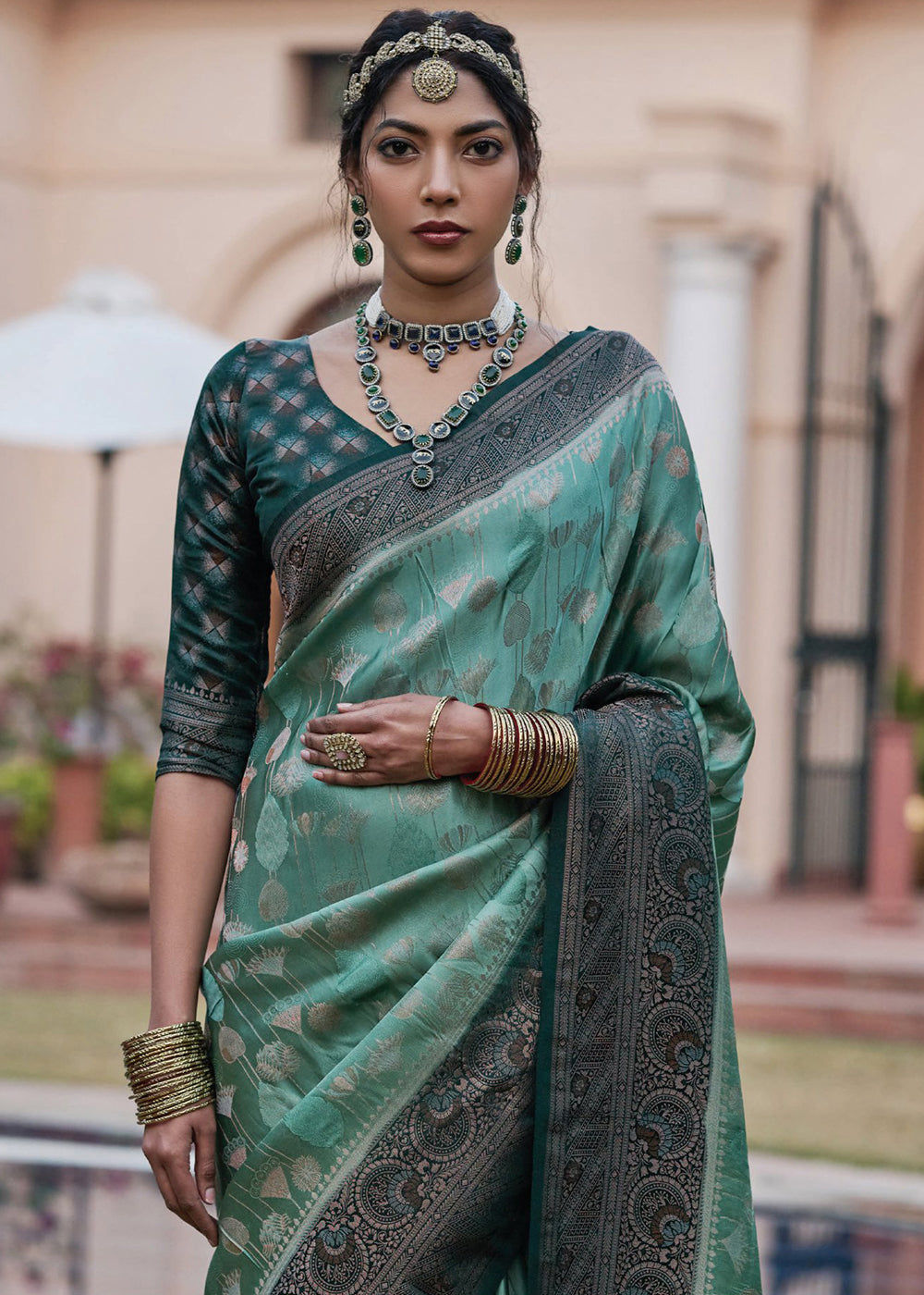 Stromboli Green Designer Satin Silk Saree