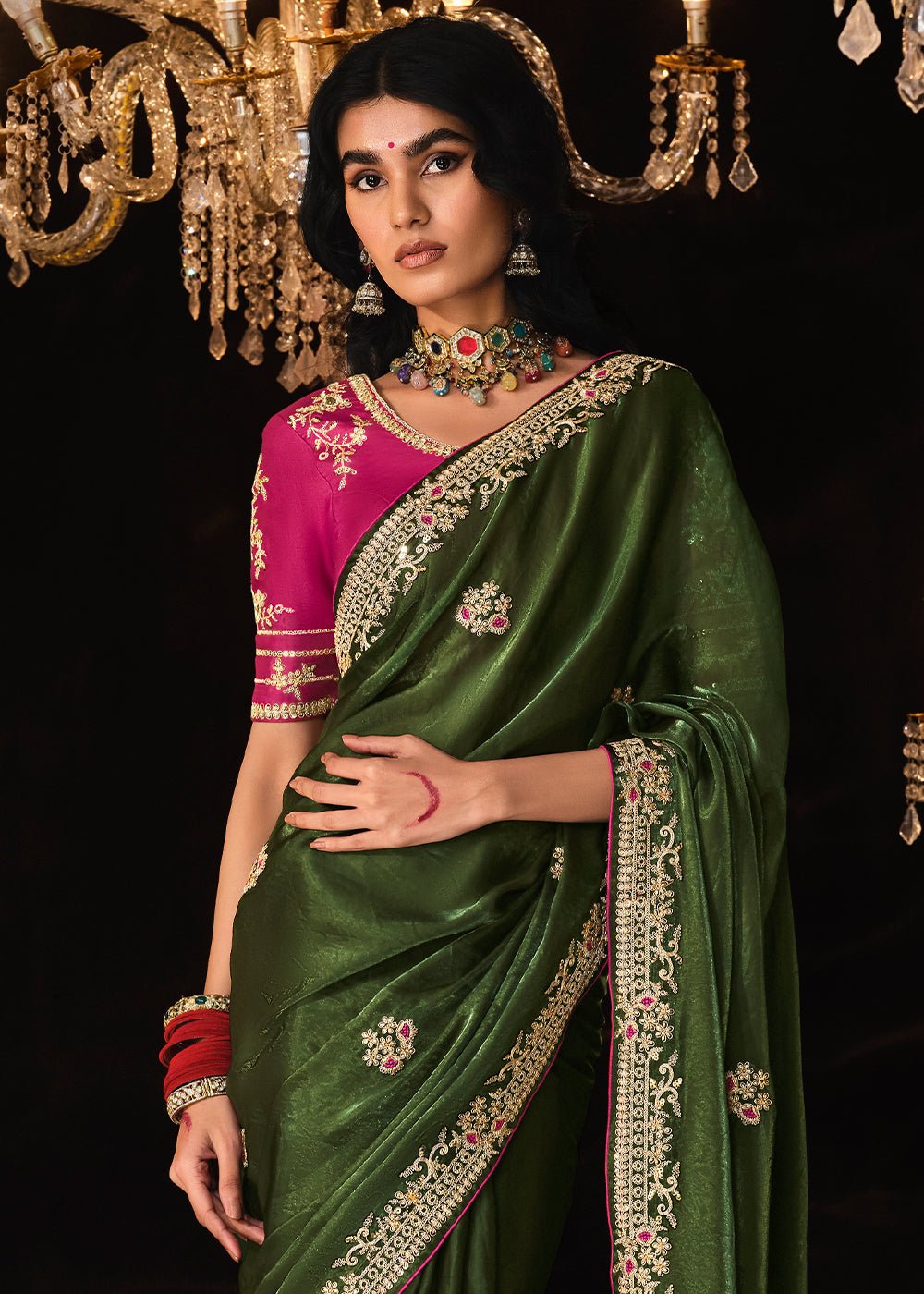 Verdigris Green Embroidered Designer Satin Silk Saree