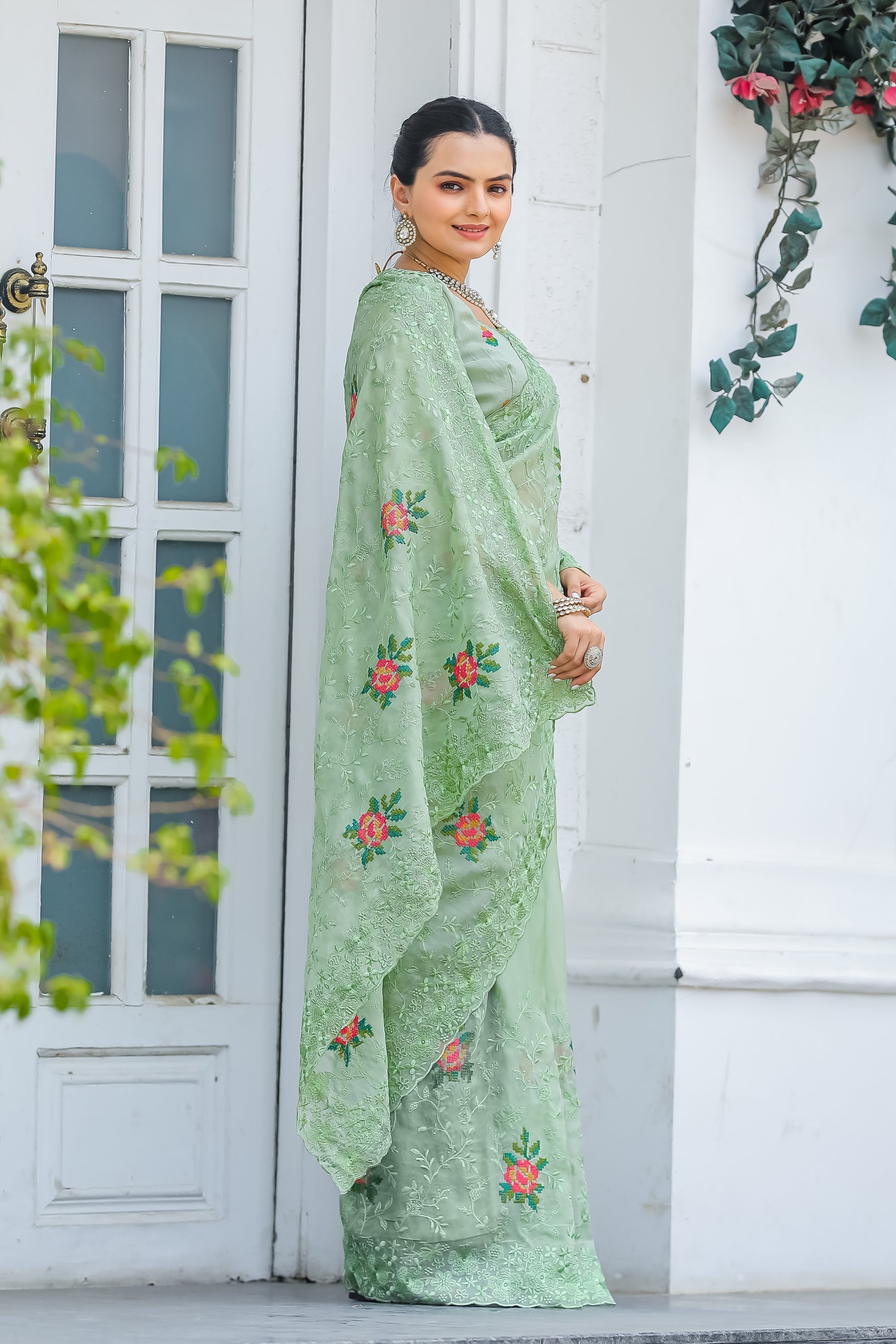 Pastel Green Embroidered Chiffon Silk Saree