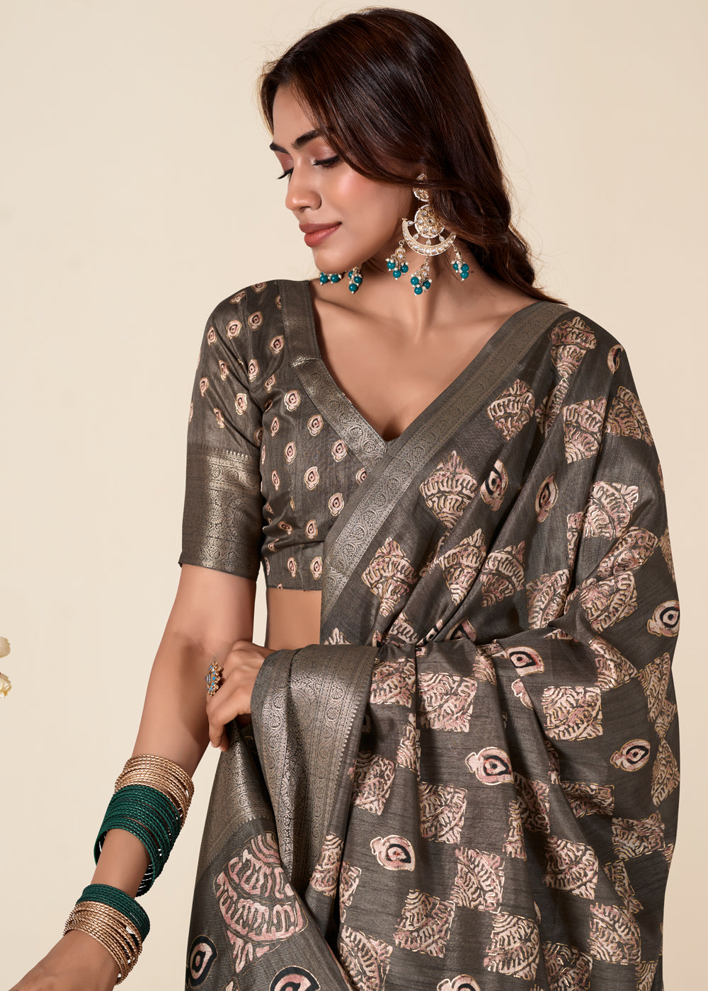 Taupe Grey Banarasi Printed Soft Silk Saree