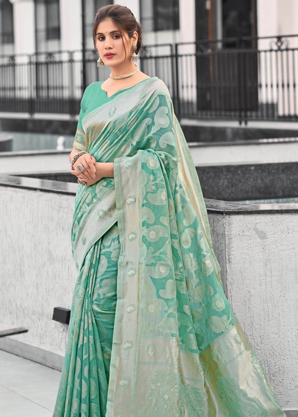 Pastel Green Lucknowi Linen Cotton Saree