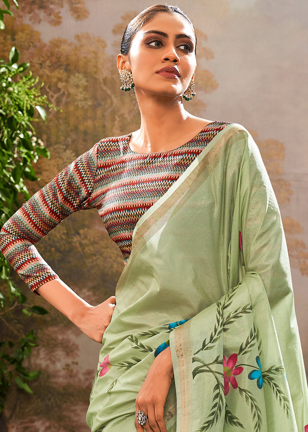 Tea Green Painted Linen Silk Saree