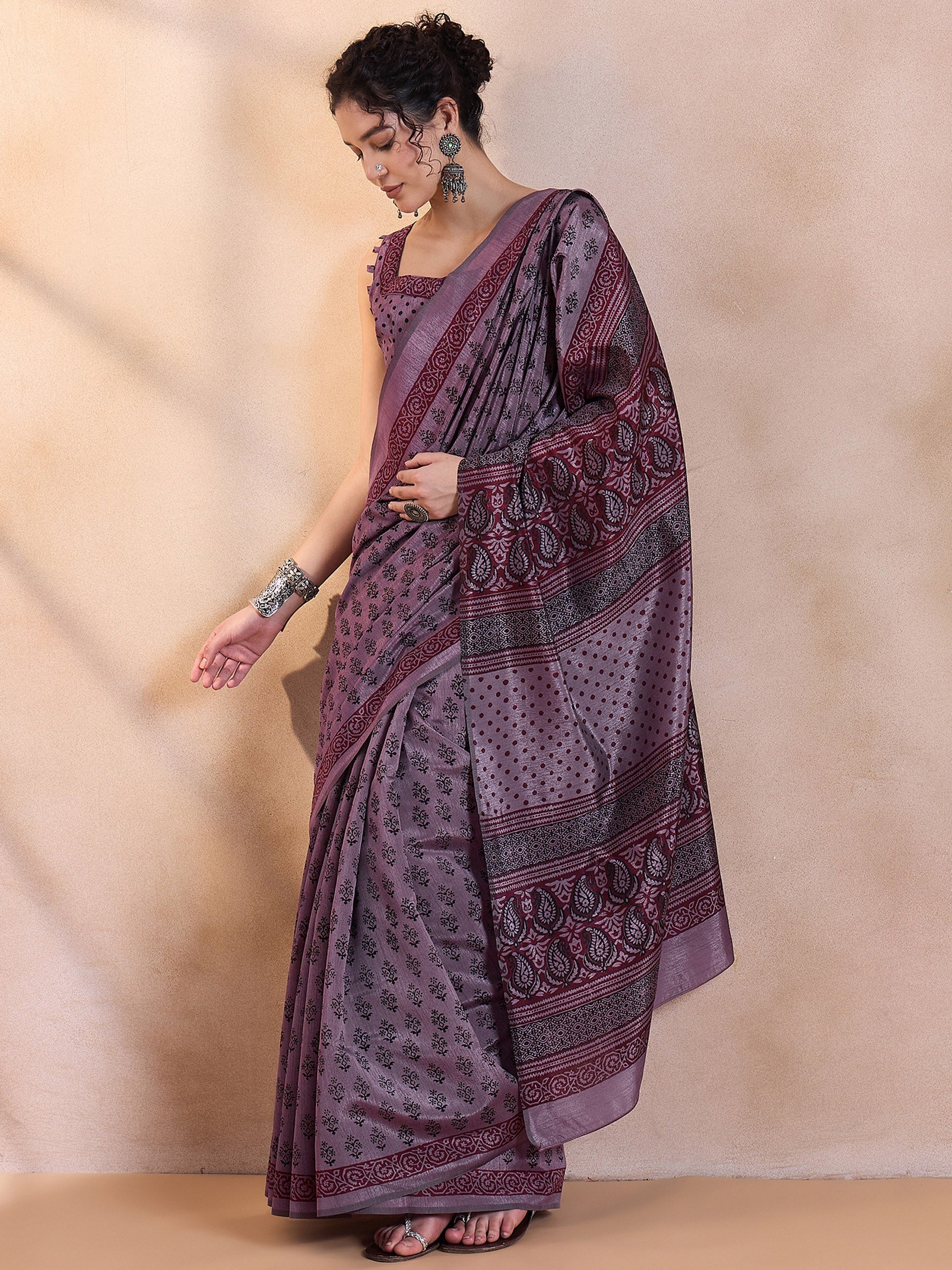 Eggplant Purple Printed Dola Silk Saree