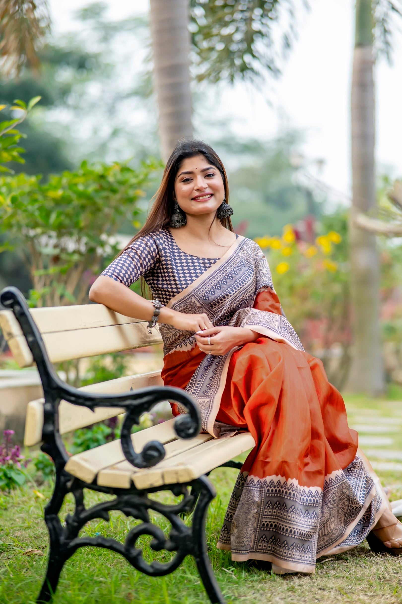 Rust Orange Madhubani Printed Silk Saree