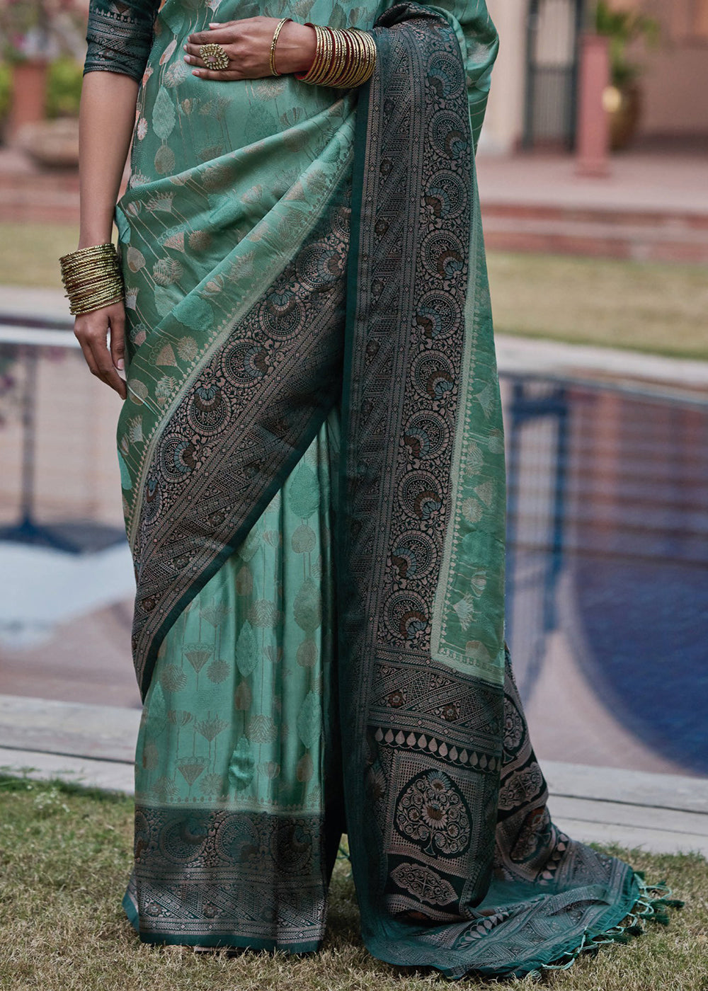 Stromboli Green Designer Satin Silk Saree