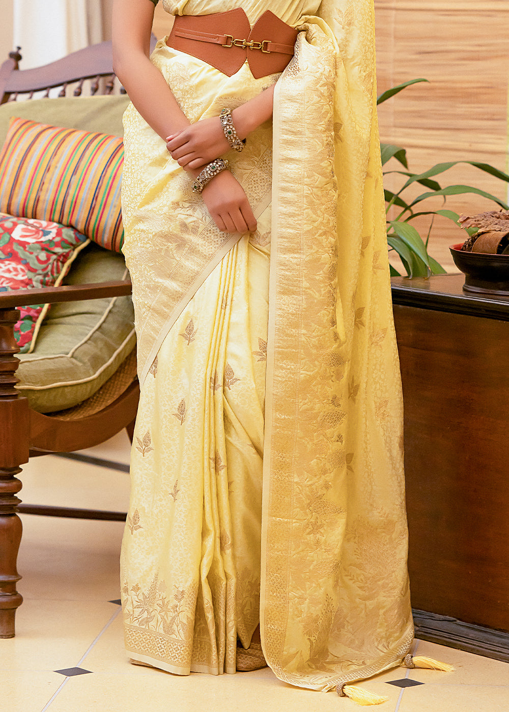 Half Colonial Yellow Woven Satin Silk Saree