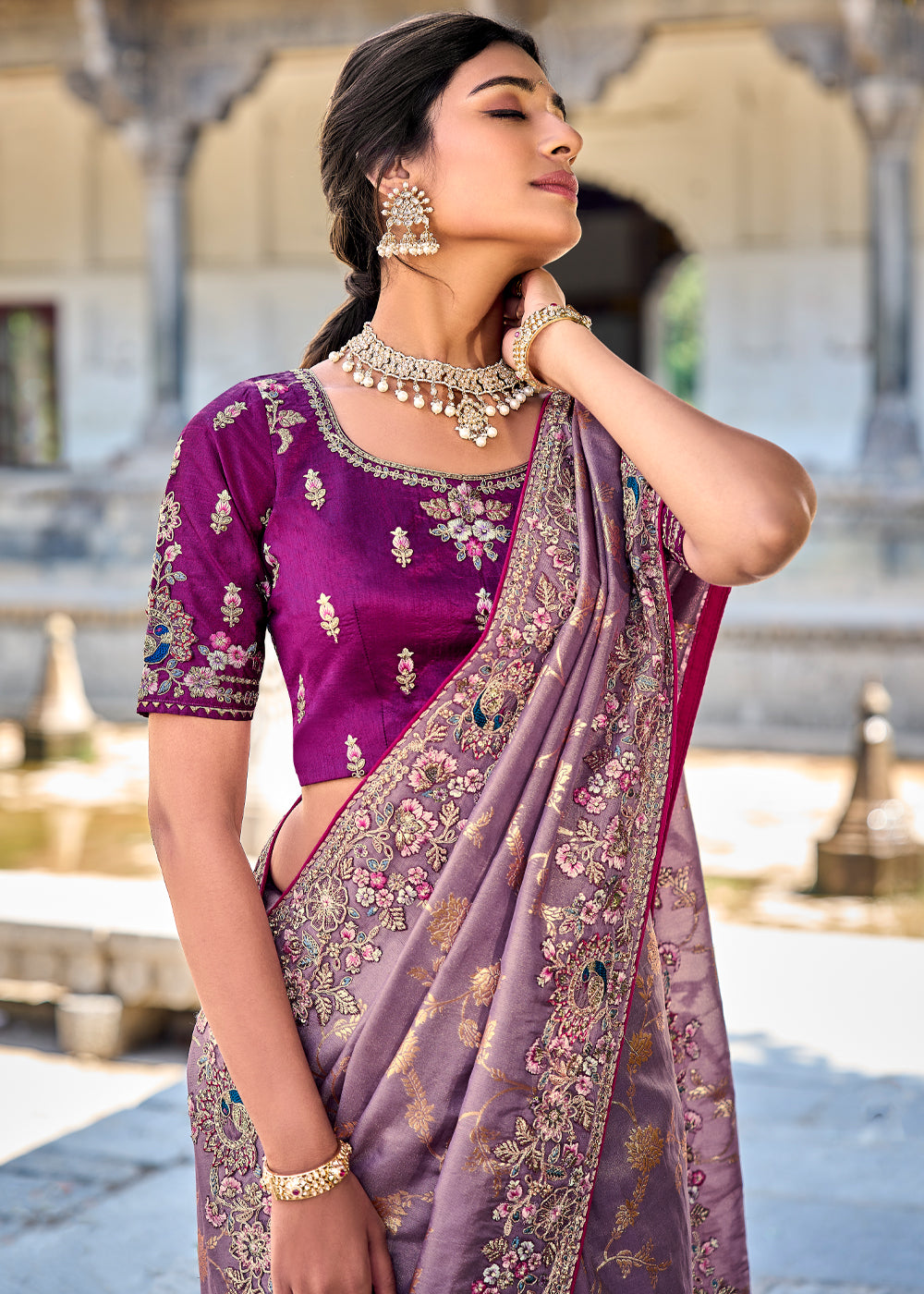 Lilac Purple Woven Designer Banarasi Embroidered Silk Saree