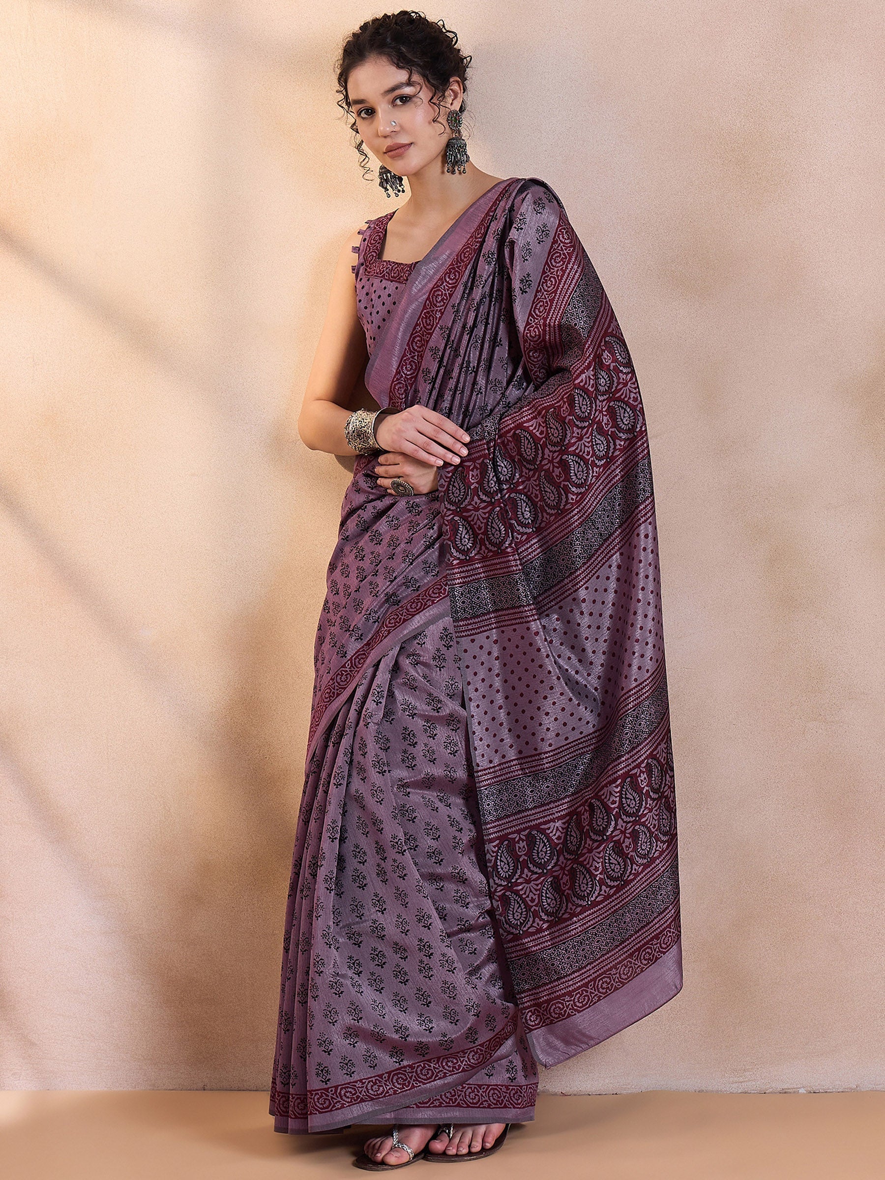 Eggplant Purple Printed Dola Silk Saree